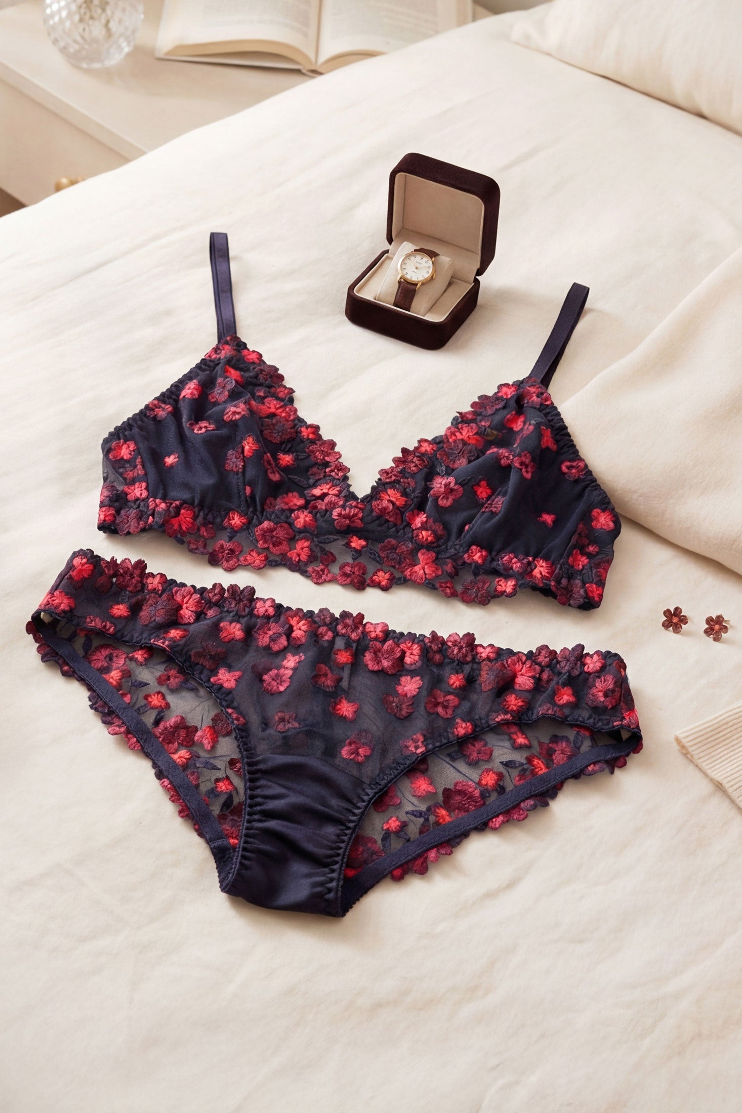 Black light reactive bra and underwear set with red and orange floral embroidered mesh and real silk satin lining