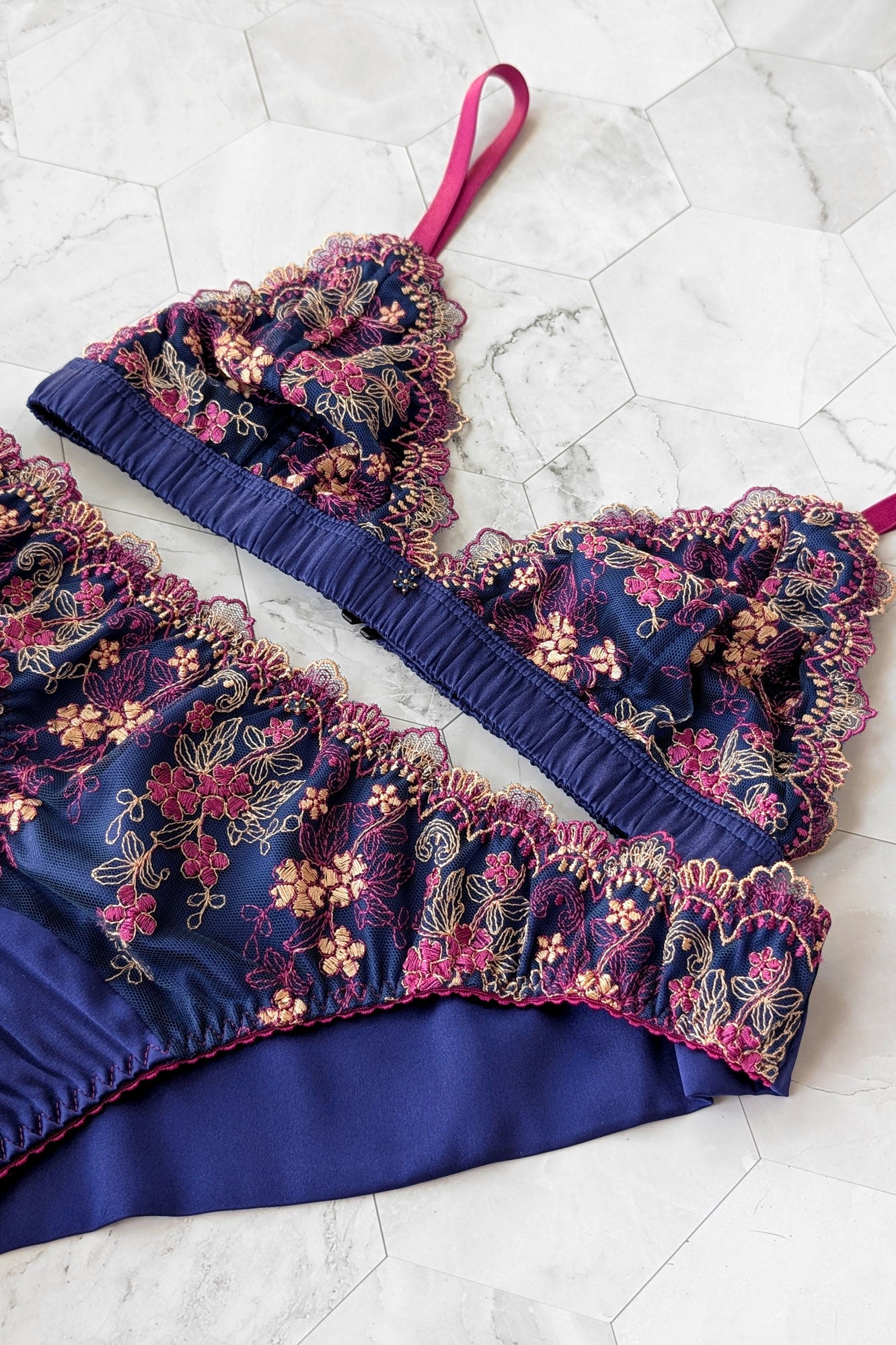Silk underwear and bra set in blue, pink, and yellow flowers with luxury jewelry trims