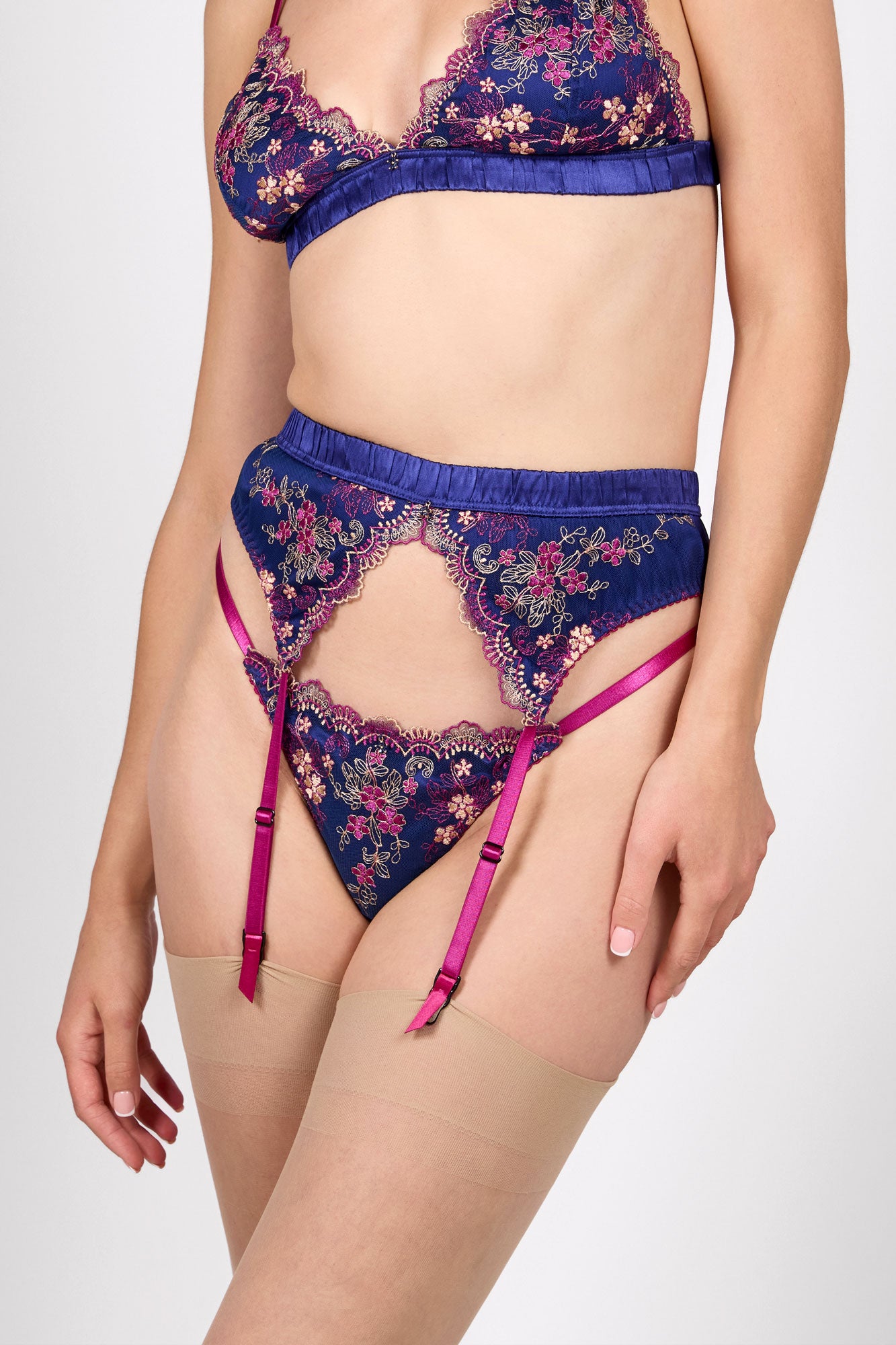 Marina suspender belt in blue silk with floral embroidered lace overlays and 4 pink elastic straps