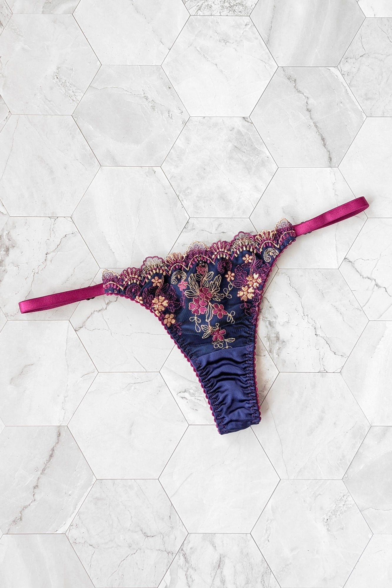 Blue lace thong knickers with pink adjustable side straps