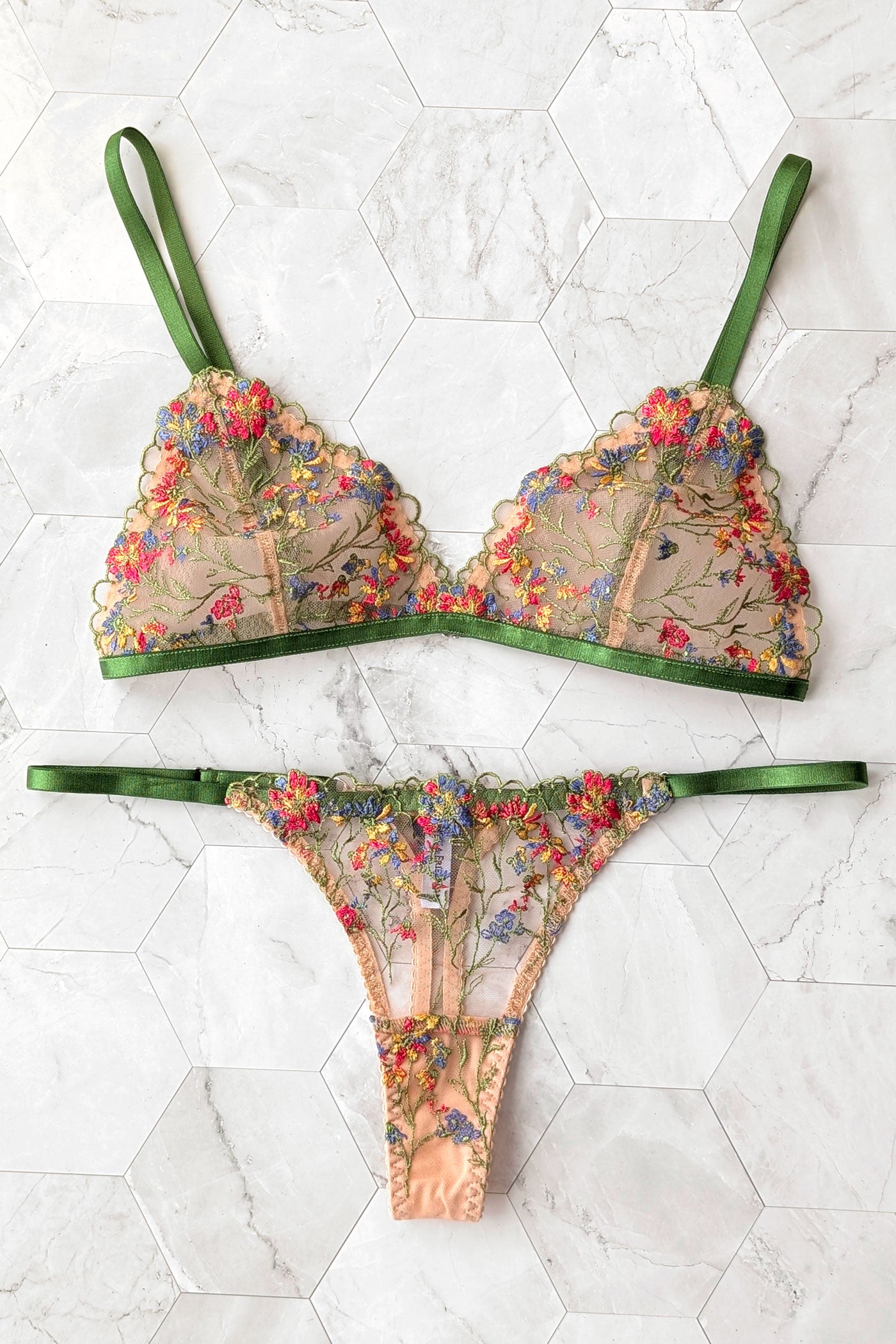 Floral lace lingerie set including a triangle bralet and sexy sheer thong