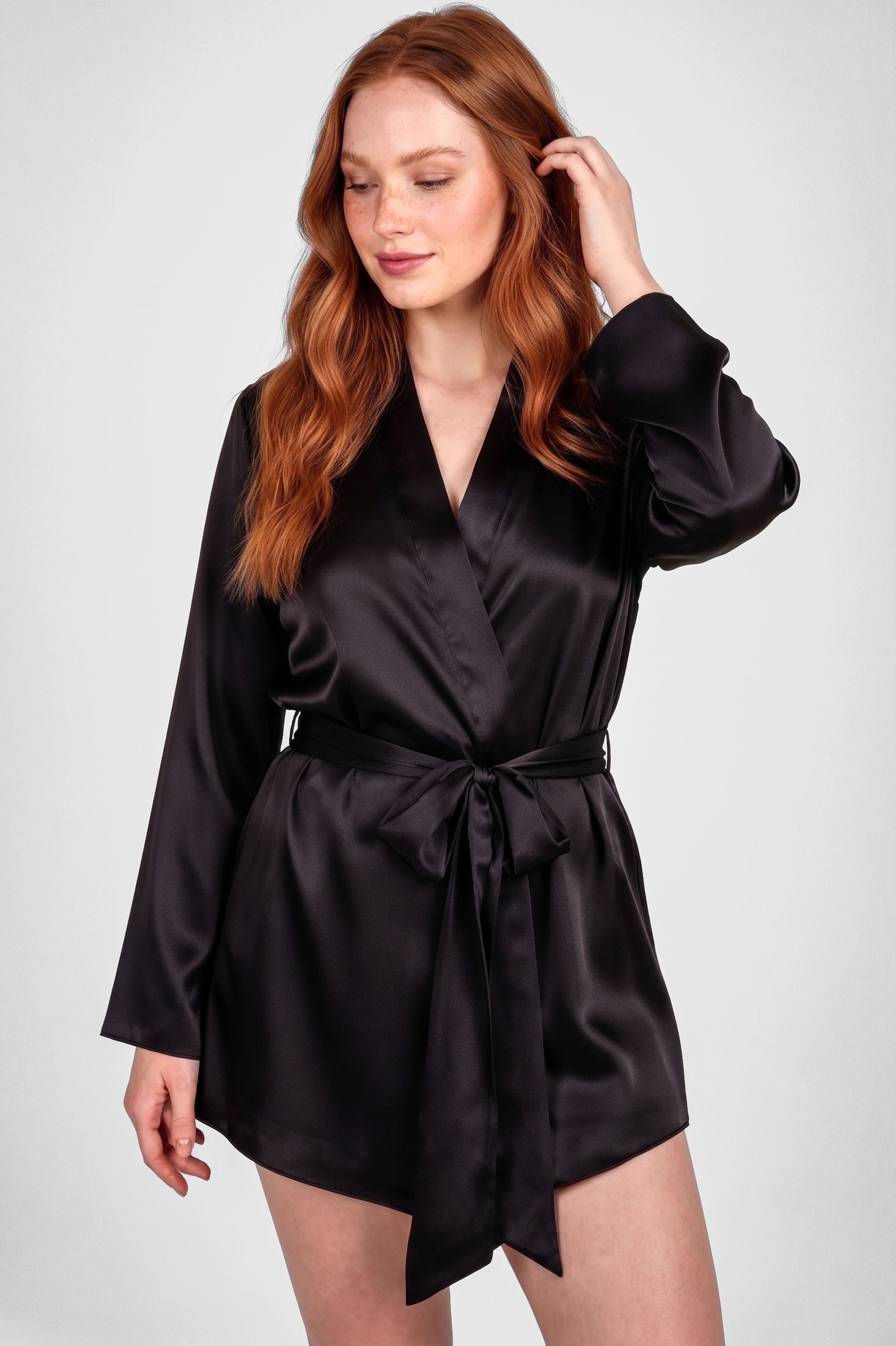 Musette black silk satin robe by Angela Friedman