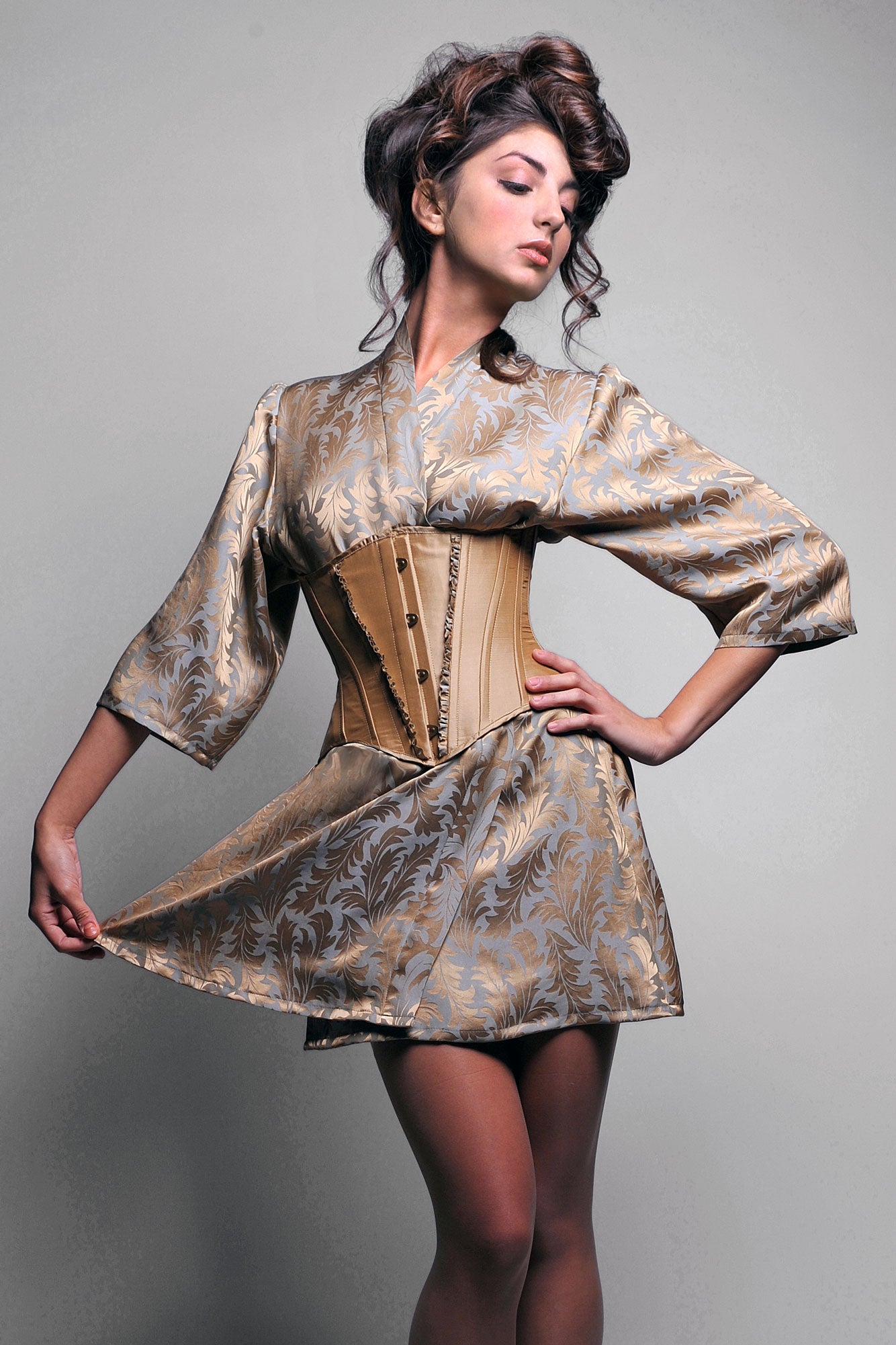 Teal gray kimono robe worn with a gold underbust corset on top, all handcrafted in 100% pure silk