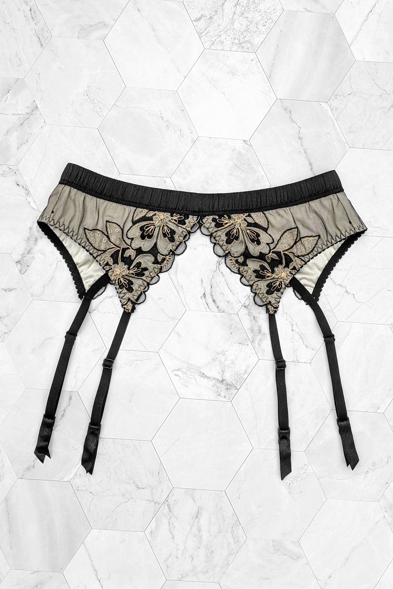 Luxury silk garter belt with black satin and embroidery