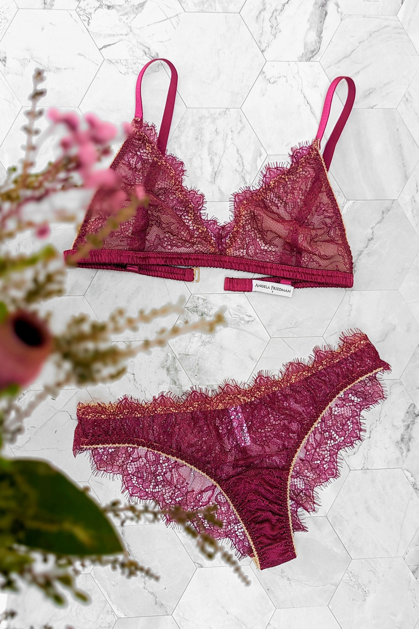 Luxury silk and lace knickers and bralet by UK designer Angela Friedman