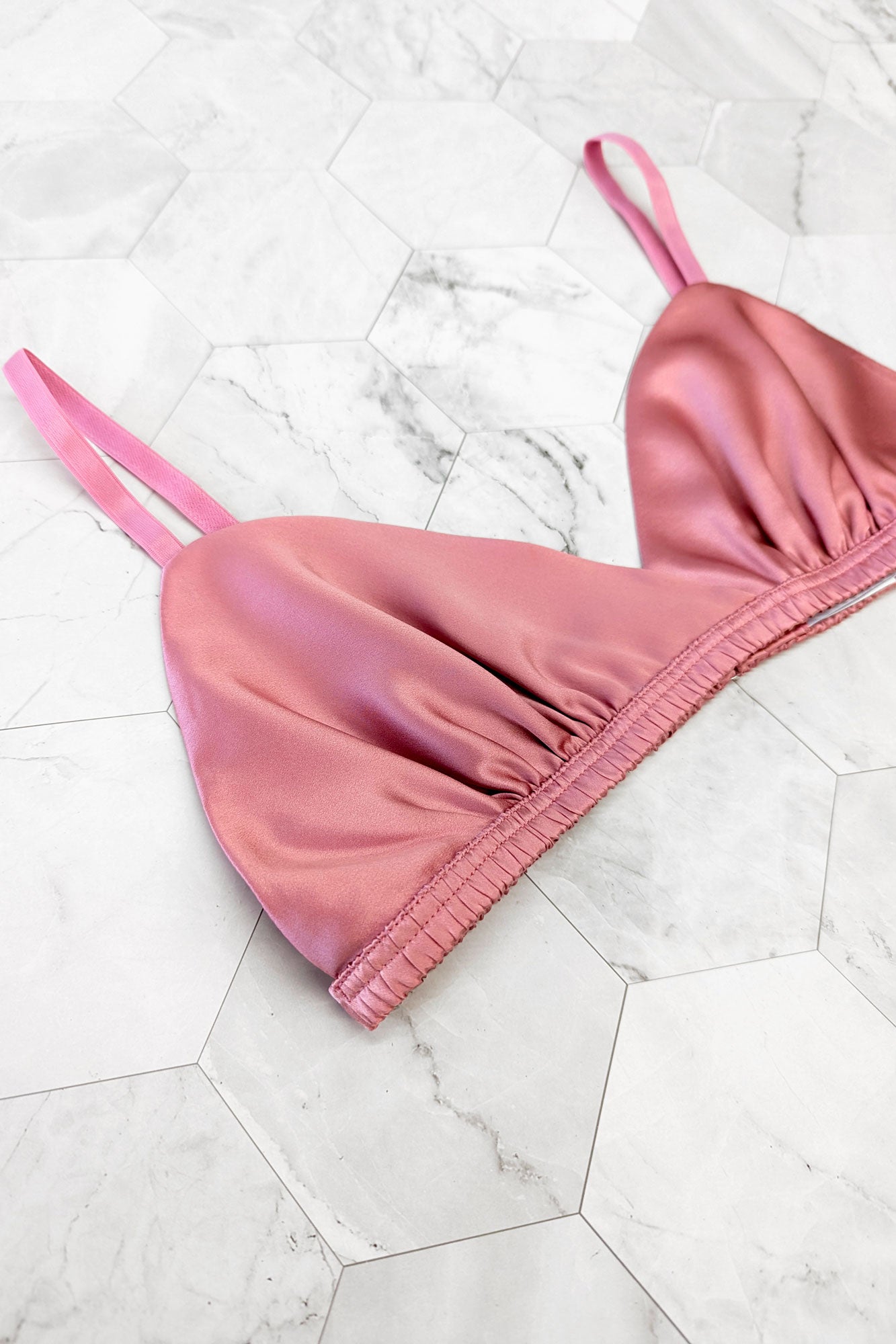 Rose pink Helena bra in bias-cut silk satin with pink elastic straps