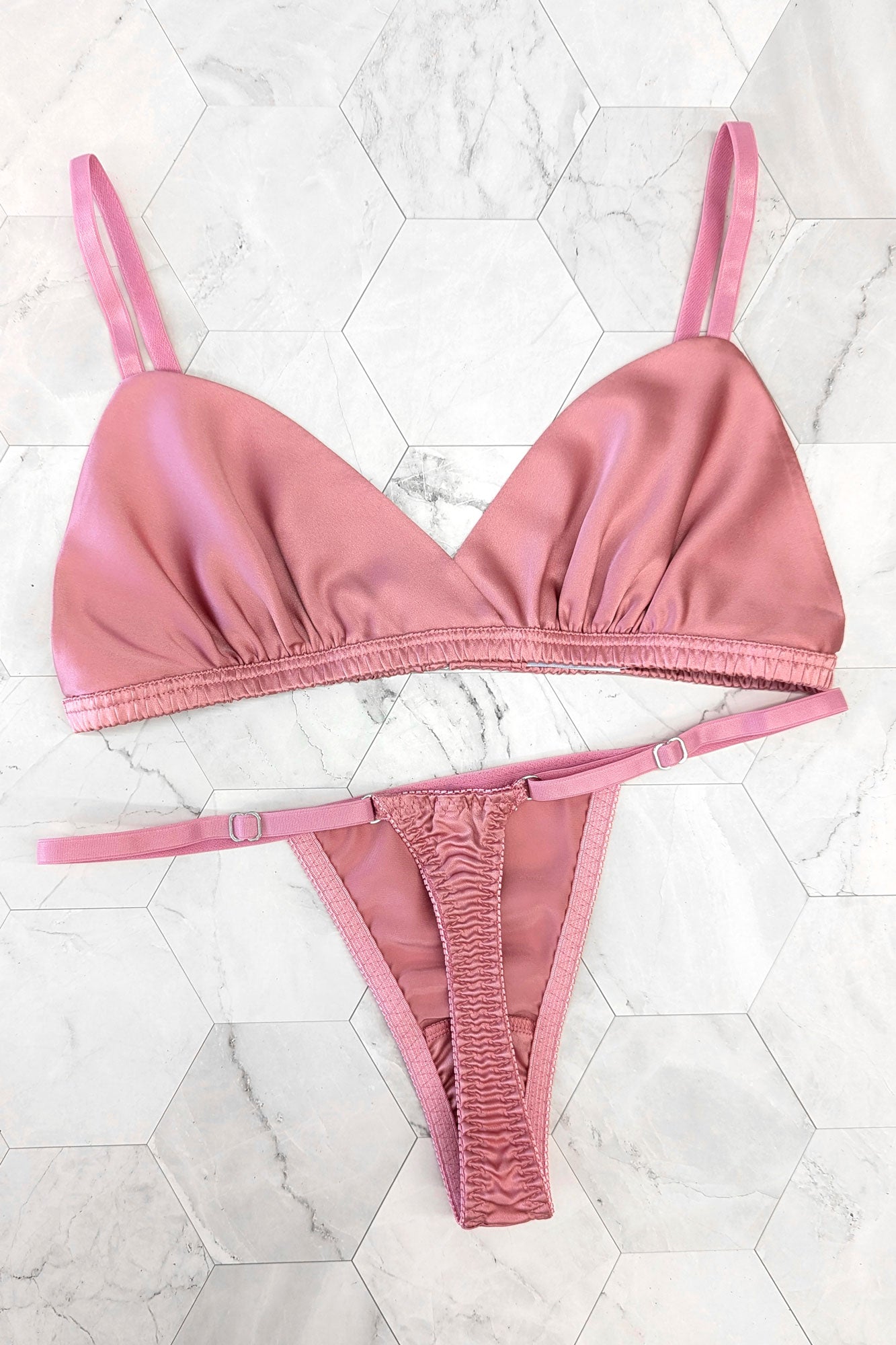 Pure silk bra and thong set in 100% silk satin with adjustable straps