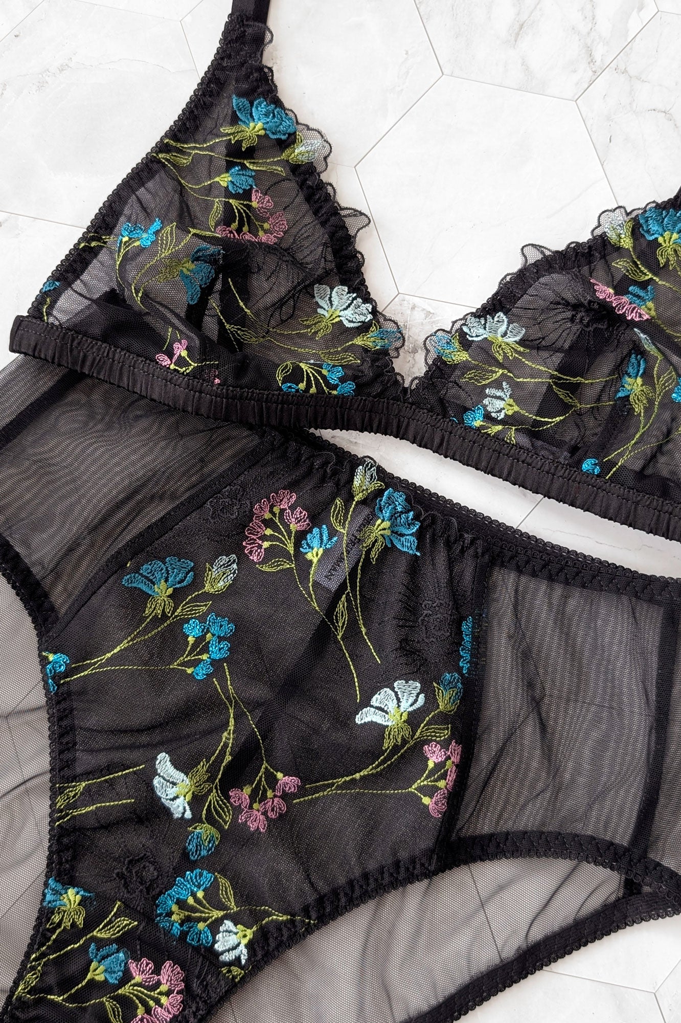 Black lingerie set with multi-color floral embroidery and silk satin trims