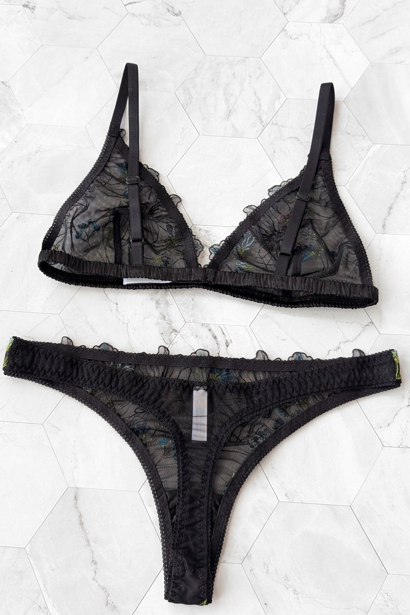 Black sheer mesh lingerie set with silk linings and scalloped embroidered edge trims