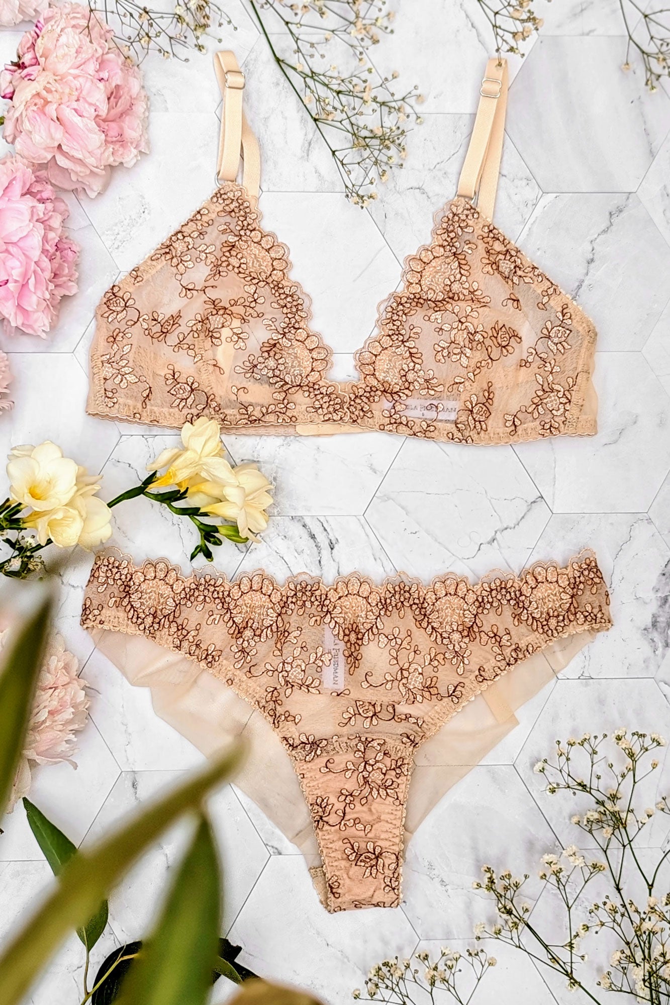 Peach and nude lingerie set with a soft cup bralet and modern sheer panties