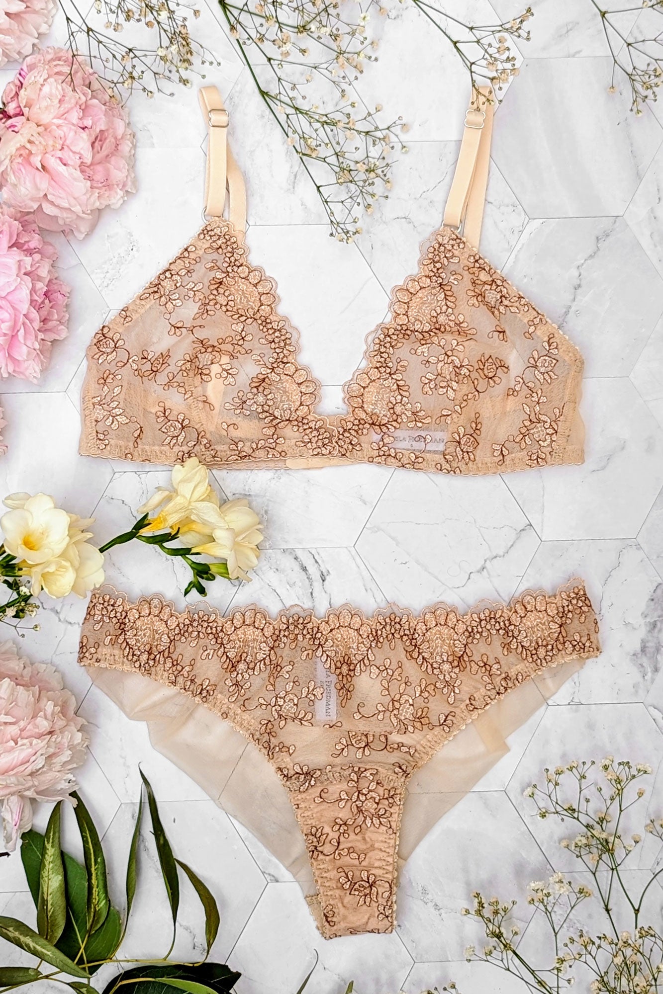 Low rise embroidered knickers and lingerie set in peach mesh