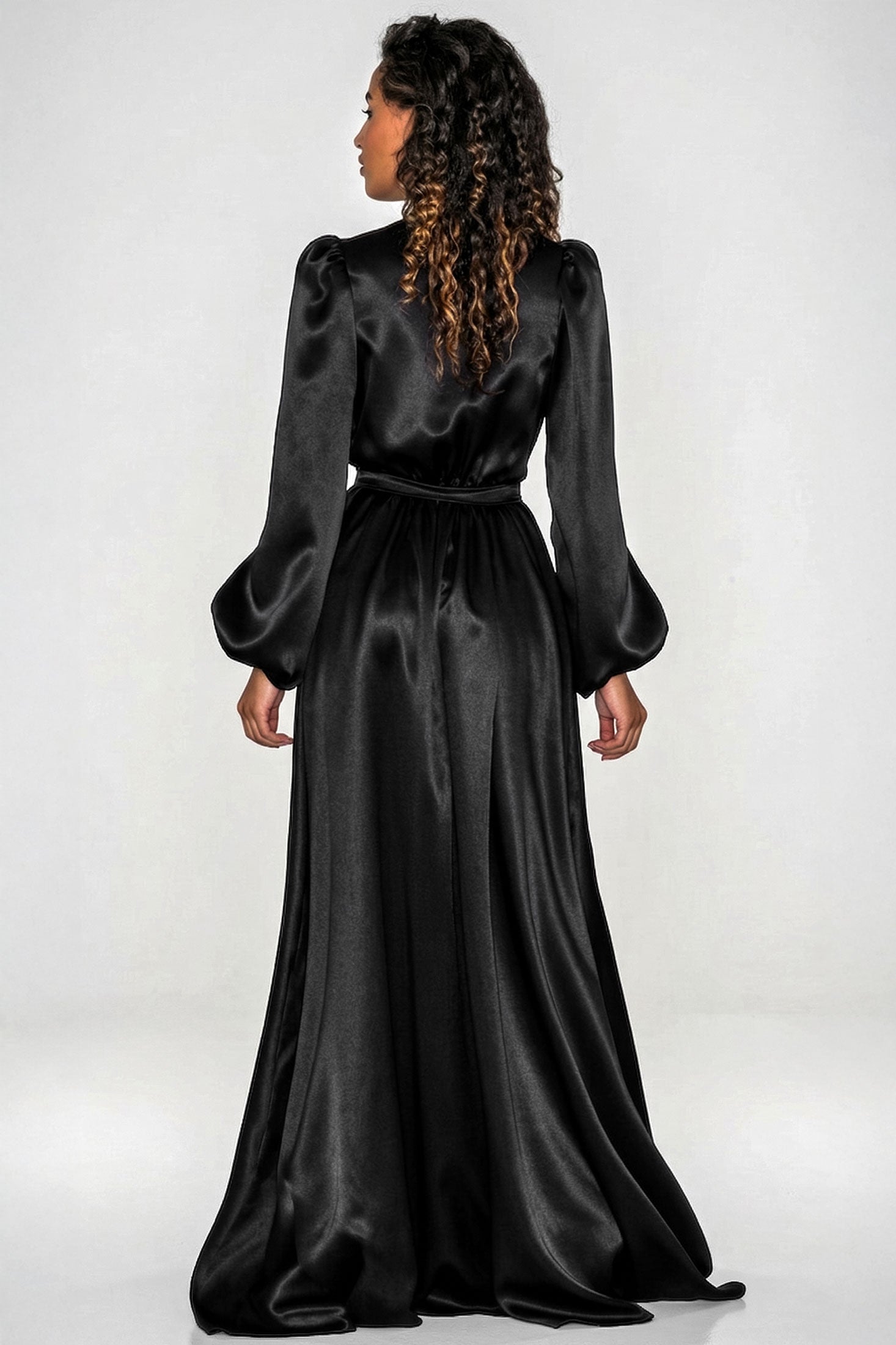 Black silk floor-length dressing gown in the style of old hollywood starlets