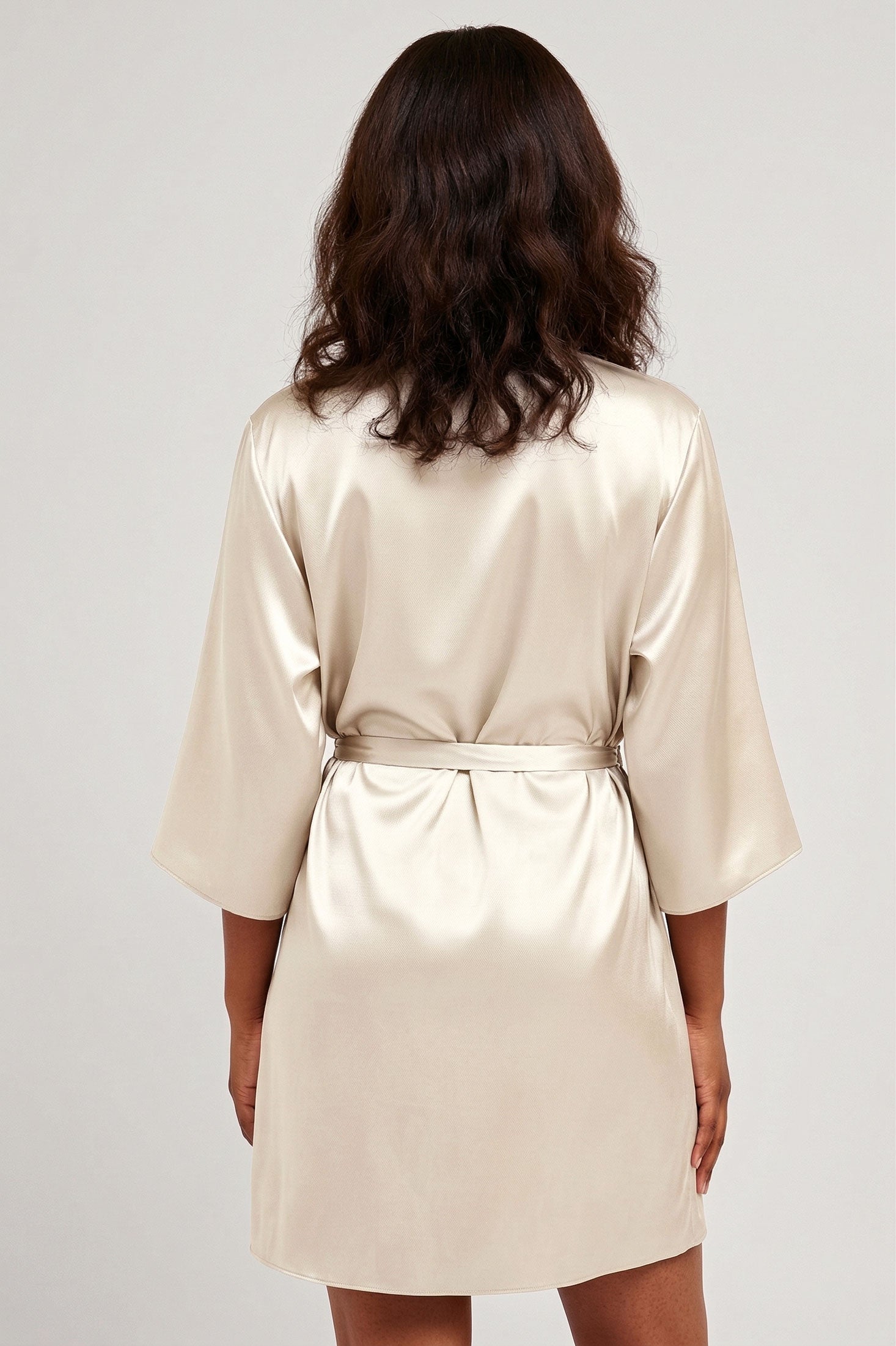 White silk bridal robe with 3/4 sleeves and a silk sash belt