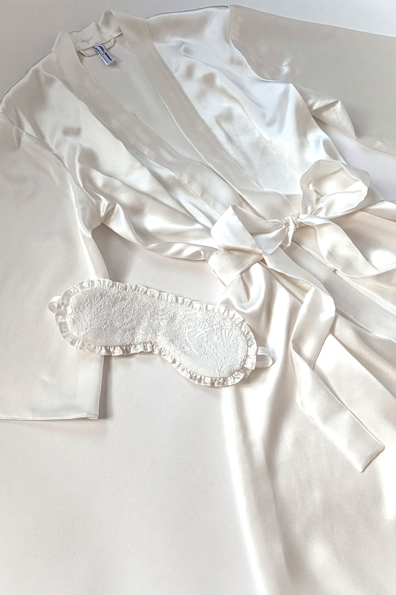 White satin wedding robe with a matching eye mask in 100% silk with bridal lace overlay