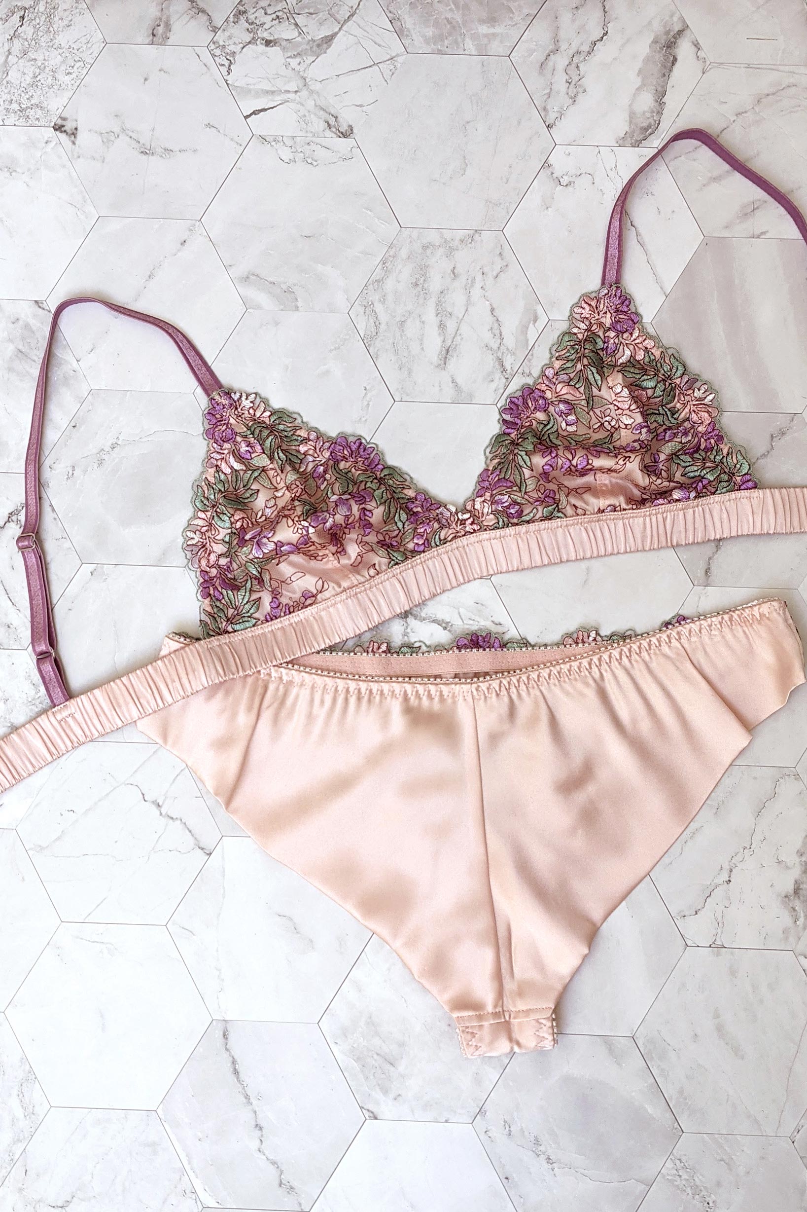 Wisteria 2 piece lingerie set with pink floral bralette and silk panties
