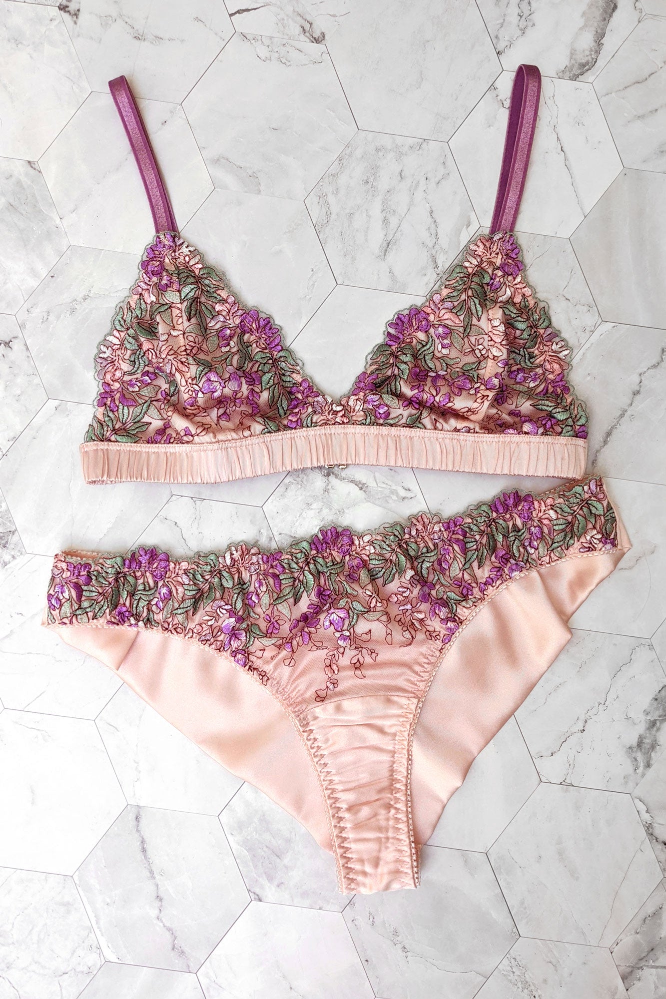 Luxury silk knickers with floral embroidery in pink, purple, and lilac