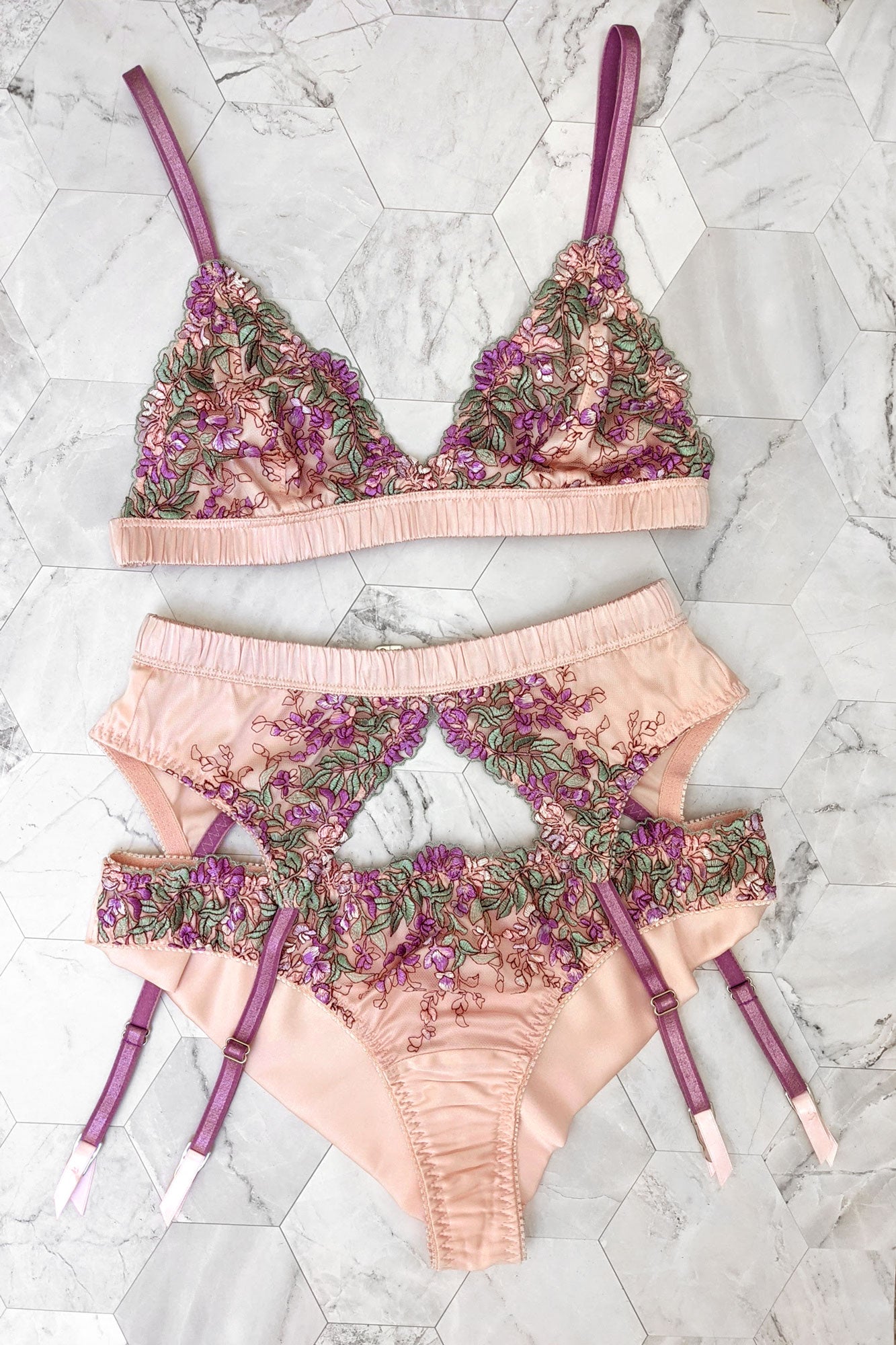 Wisteria 3 piece lingerie set with a floral embroidered garter belt