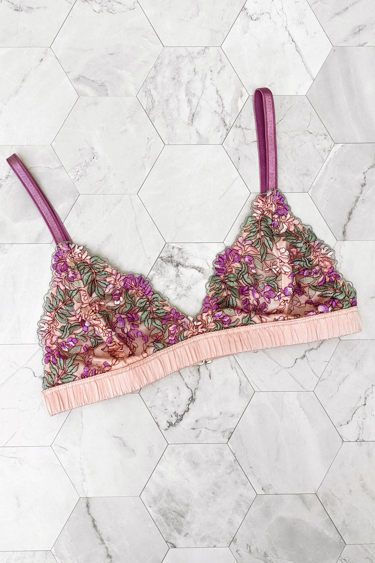 Wisteria and vine embroidered bra with purple straps and pink silk linings