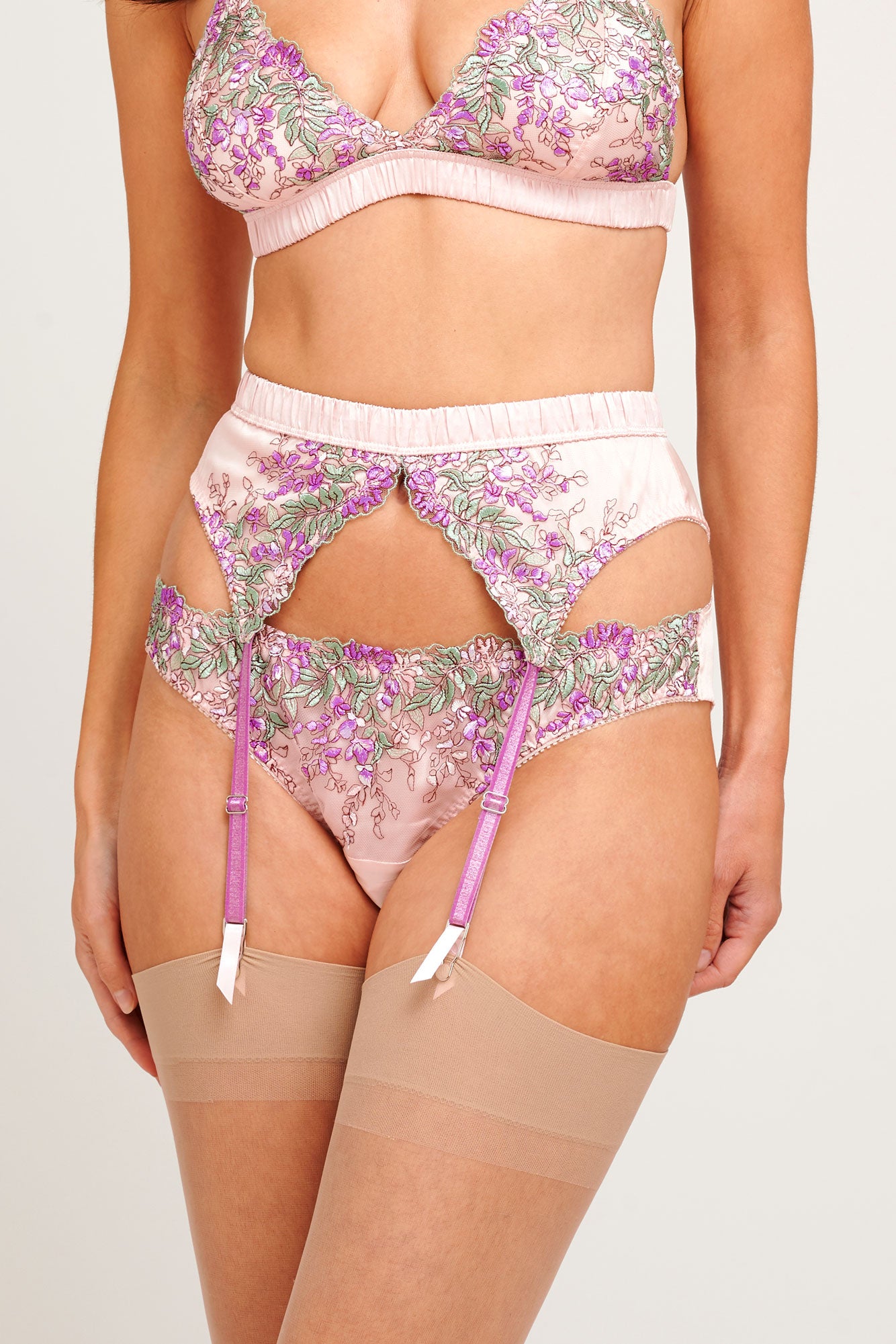 Wisteria embroidered pink silk knickers by luxury lingerie designer Angela Friedman