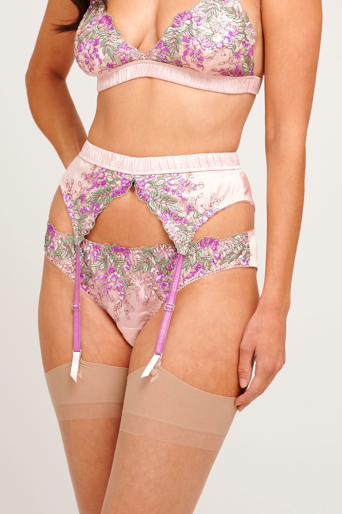 Wisteria designer silk suspender belt in pink and purple embroidery