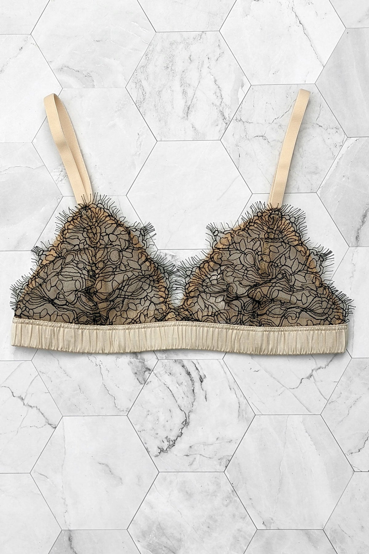 Amandine silk and French lace bralette with nude silk straps and black lace trims