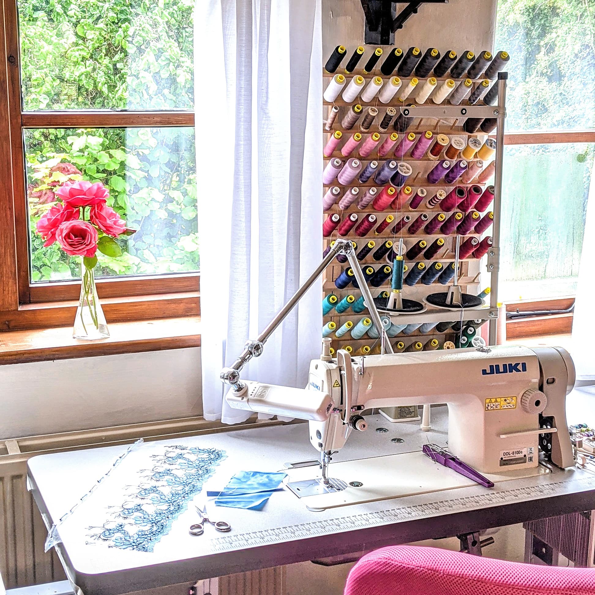 Sewing machine and thread rack for ethical lingerie manufacturing in the UK