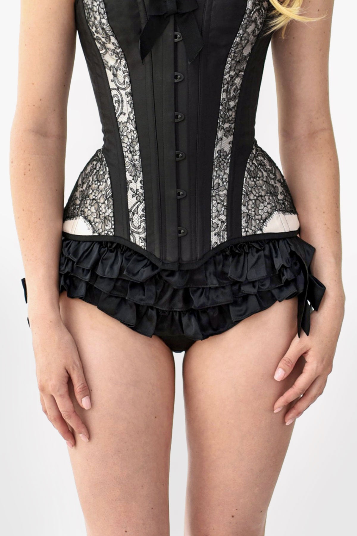 Black silk ruffled panties with bow side ties and french lace corset
