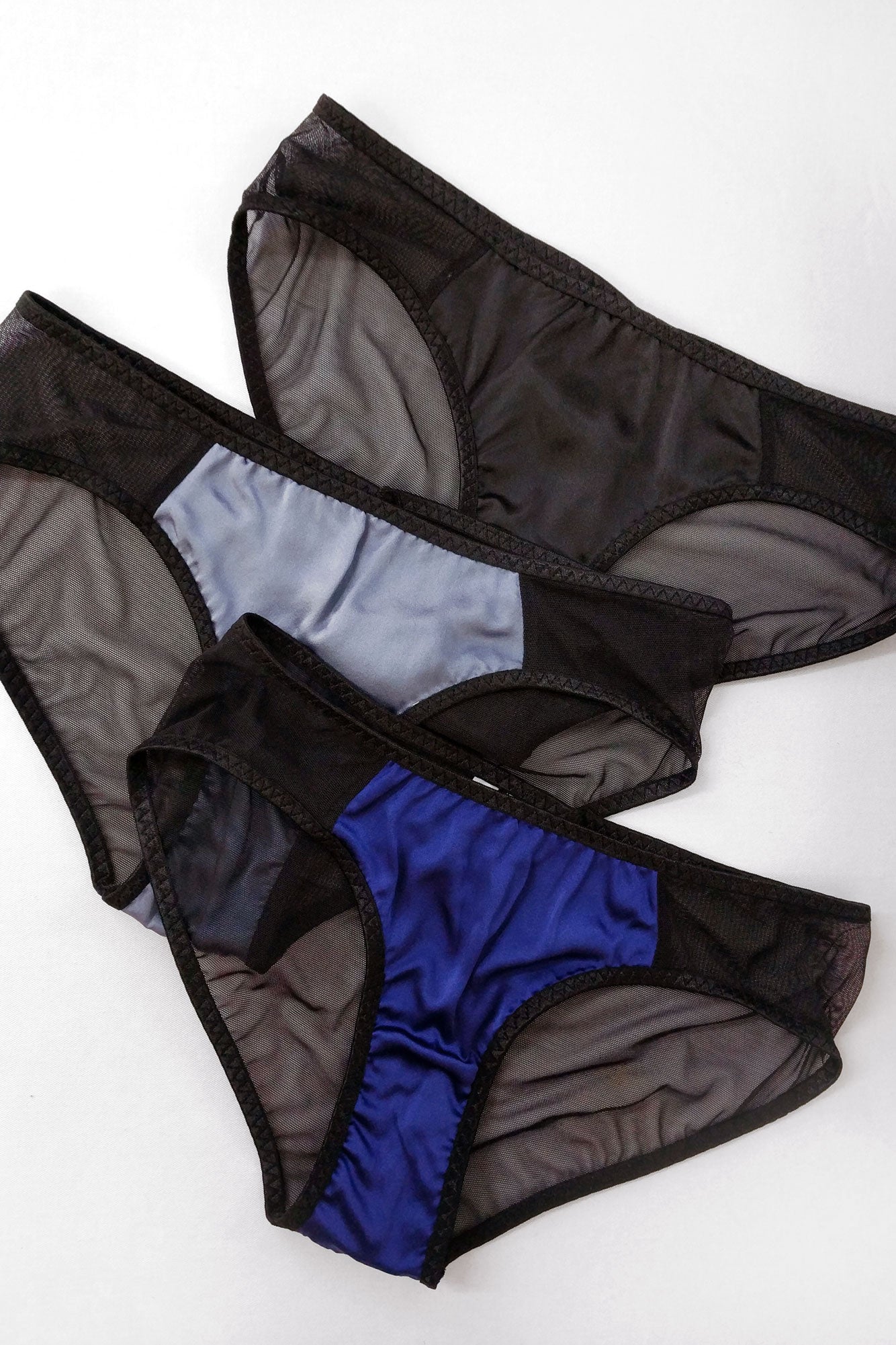 100% pure silk knickers with black mesh sheer backs by luxury lingerie designer Angela Friedman