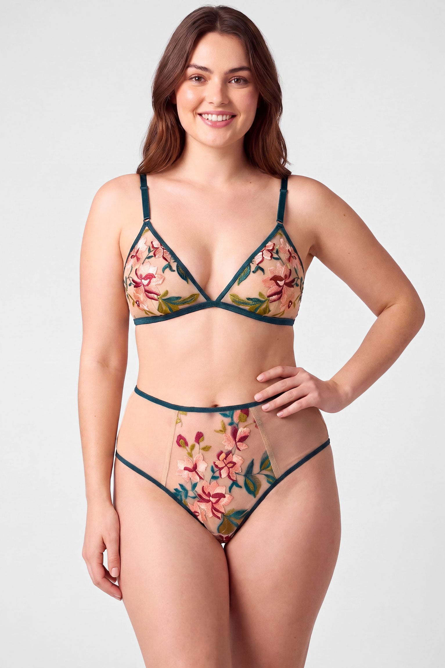Designer bra and high-rise panty set in sheer nude mesh with flower embroidered panels