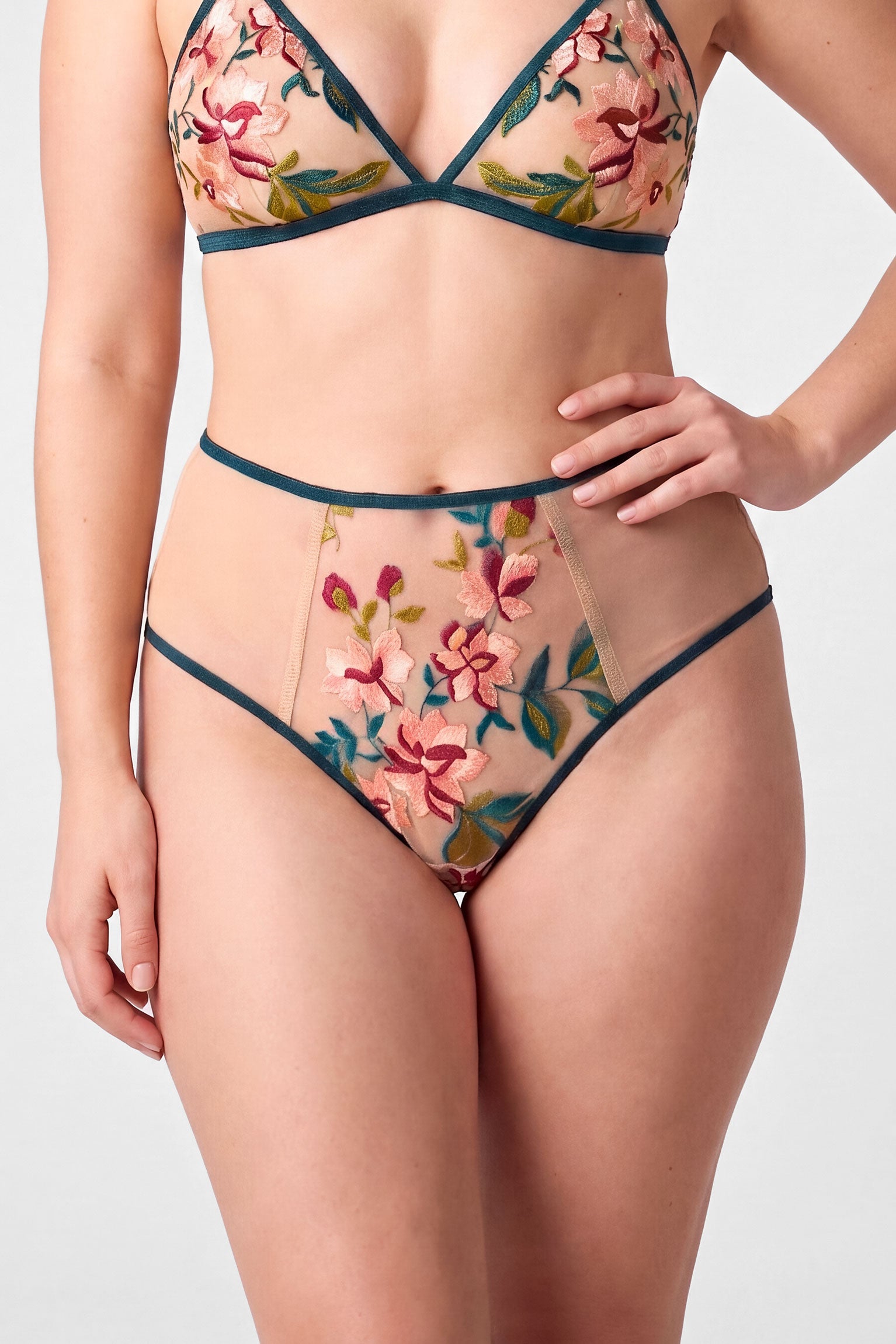 Luxury underwear set with floral high waisted briefs and tattoo effect nude mesh on size M/L model
