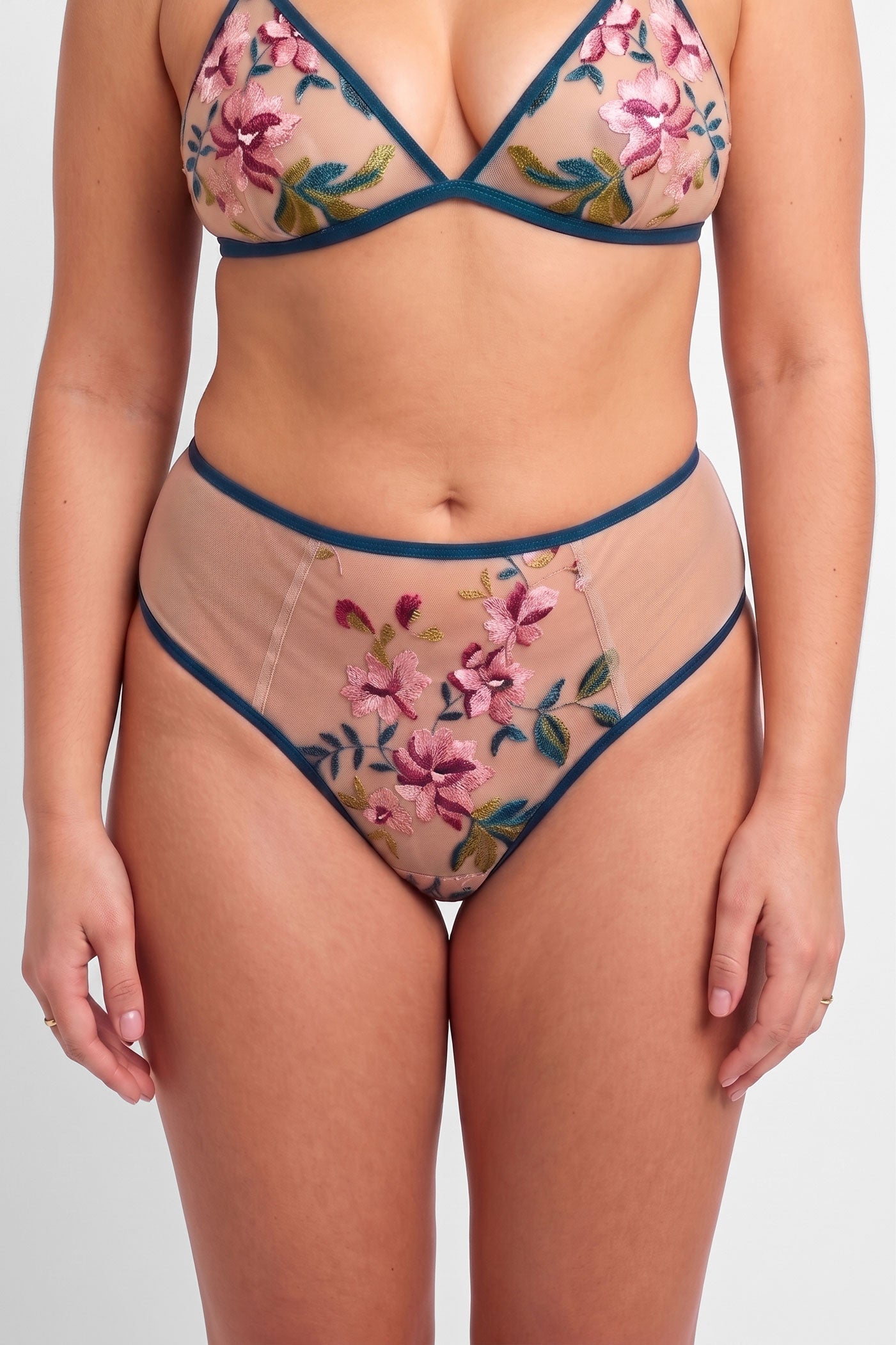 Luxury underwear set with floral high waisted briefs and tattoo effect nude mesh on size medium model