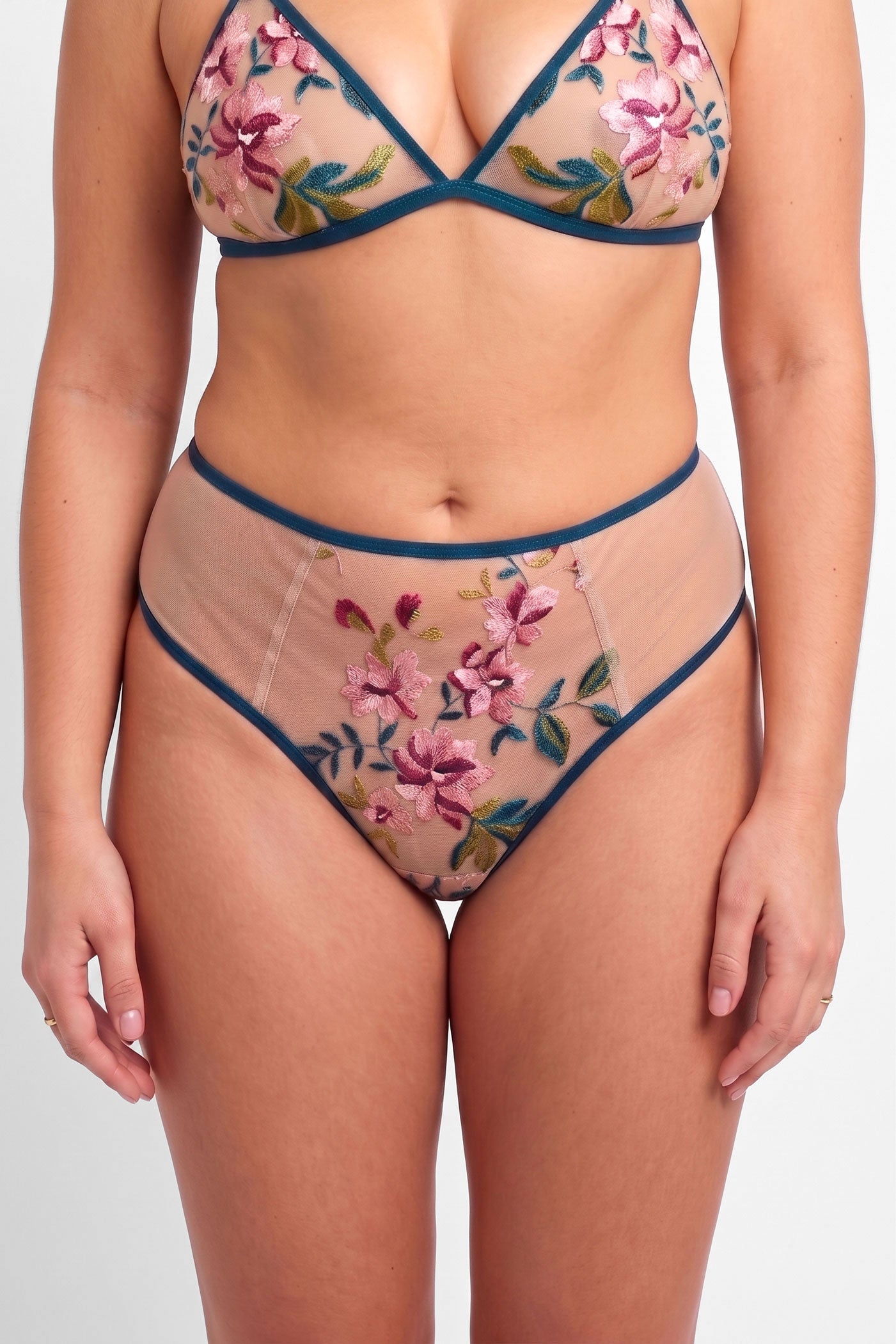 Luxury underwear set with floral high waisted briefs and tattoo effect nude mesh on size medium model