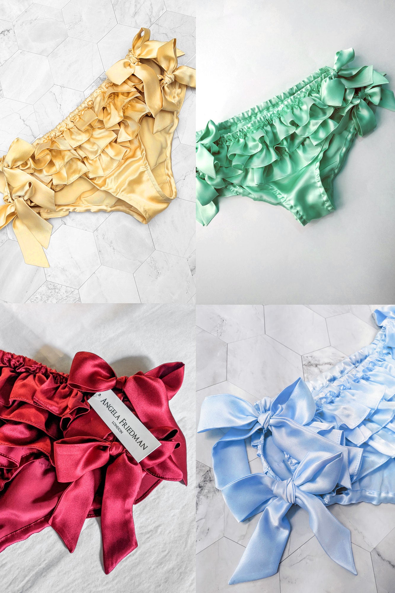 Custom silk ruffled panties in yellow, green, red, and blue