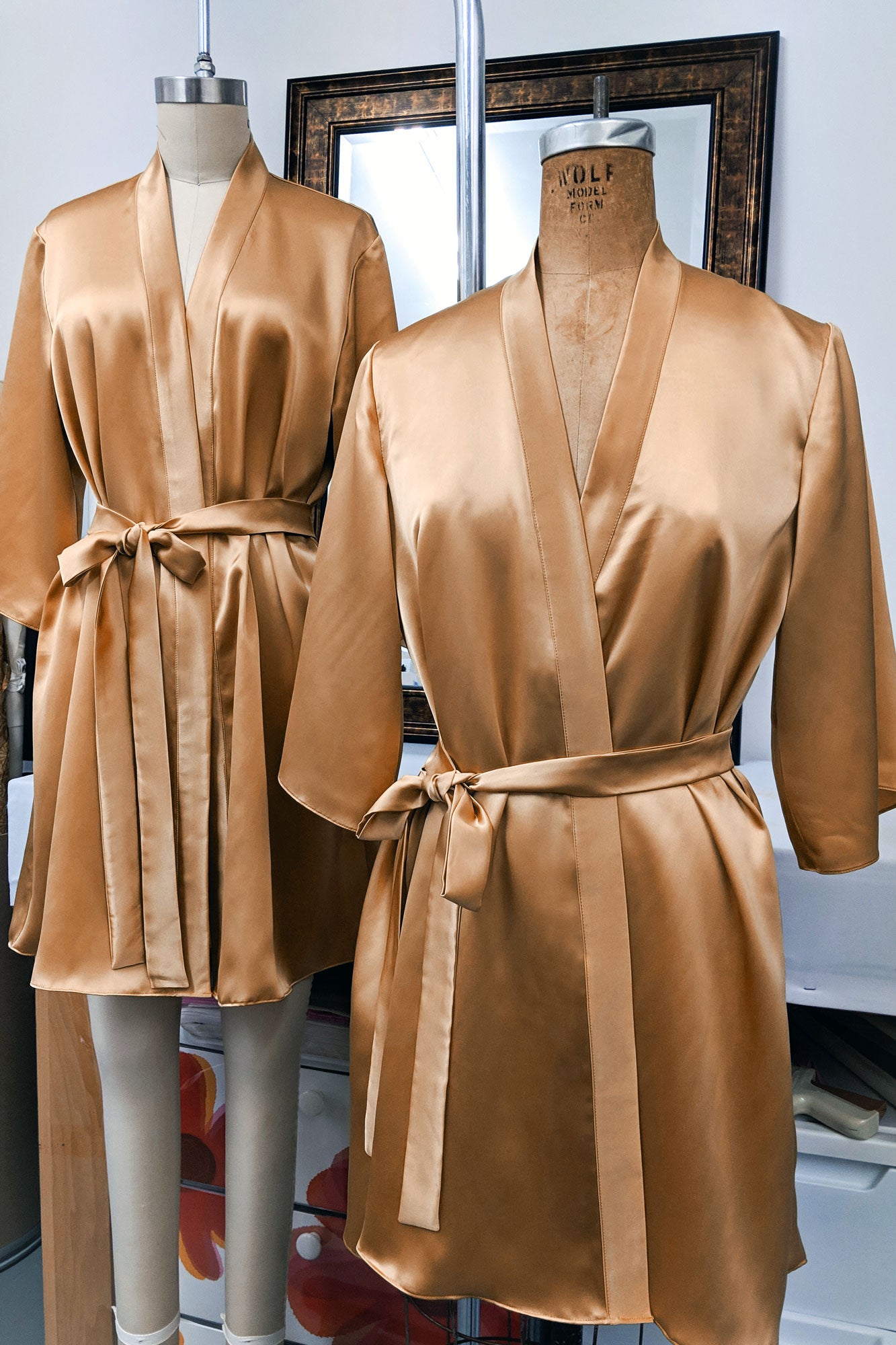 2 silk robes handcrafted in golden copper silk satin for a bridal party