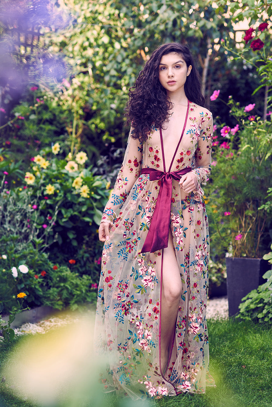 Long embroidered robe with sheer mesh and floral lace in red, pink, green, and teal embroidery