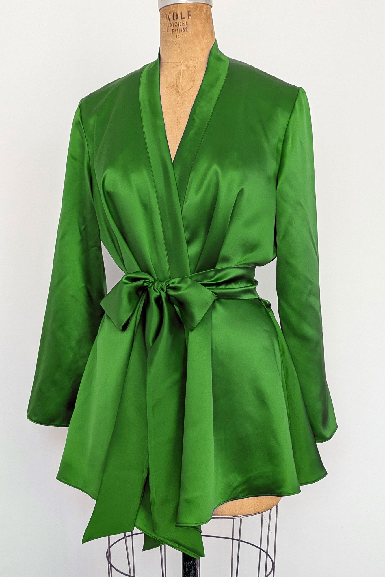 Custom silk robe in bright kelly green by luxury loungewear designer Angela Friedman