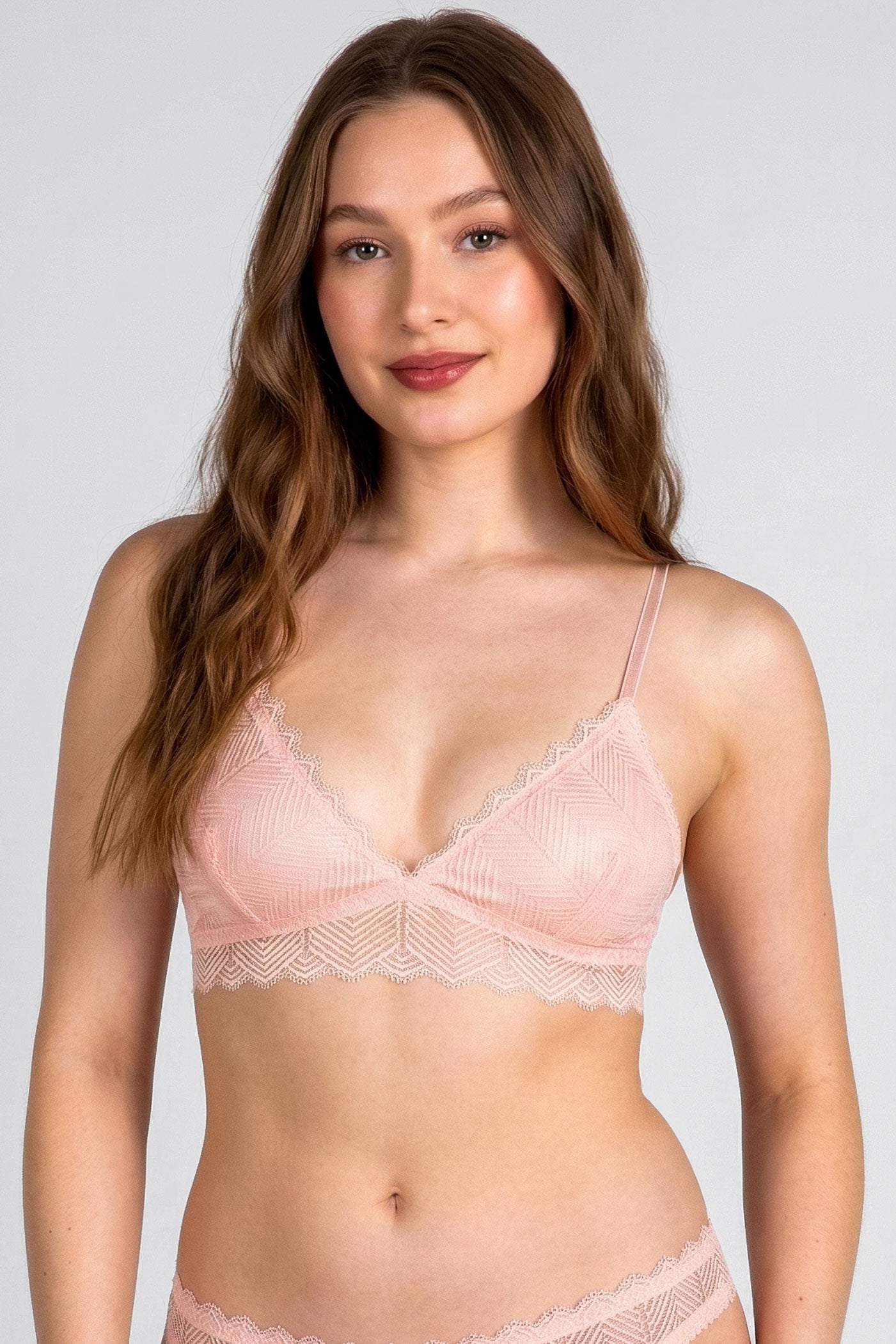Faye pink lace bralette with silk lining and geometric details