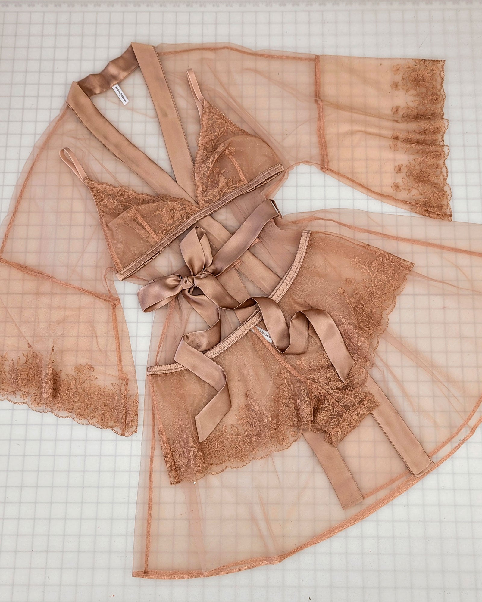 Vintage aesthetic lingerie set with retro tap pants and sheer dressing gown