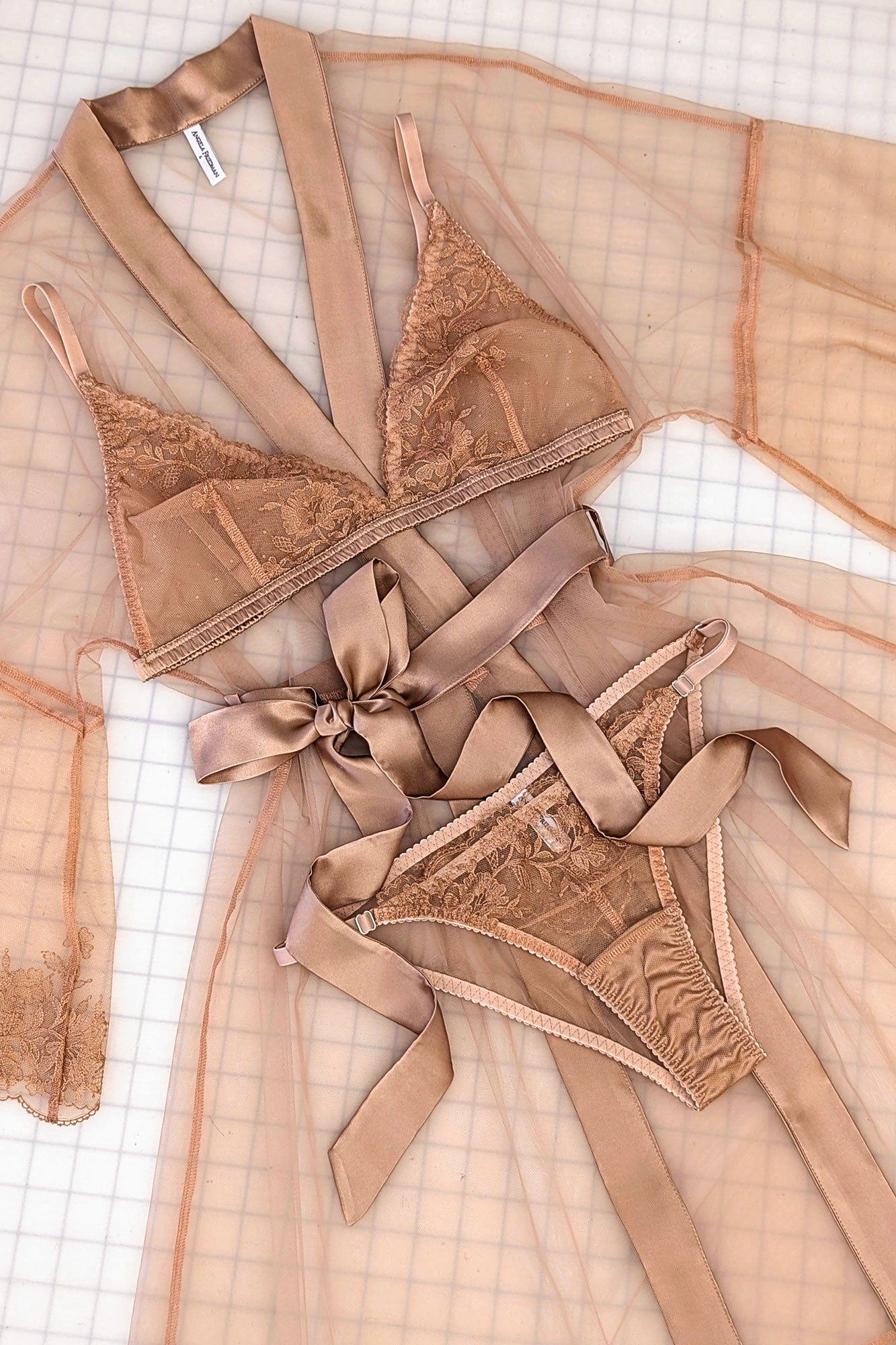 Silk and lace lingerie set with a sheer dressing gown and floral silk mesh trims