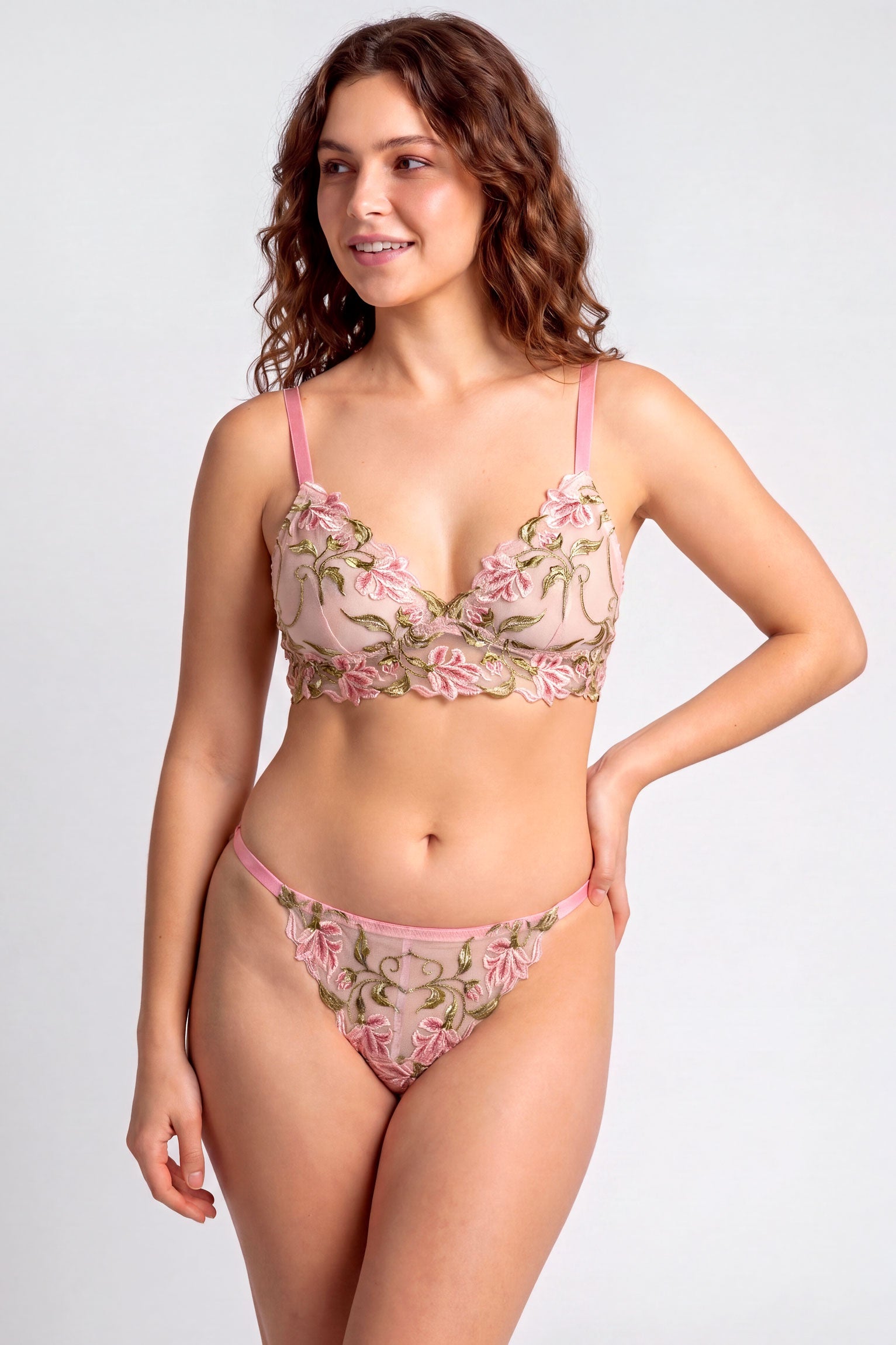 Luxury silk bra and panties set in pink and green with silk satin lining and beautiful flower embroidery