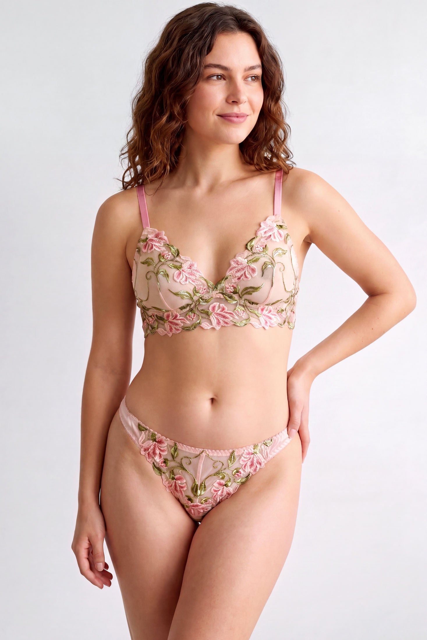 Designer silk lingerie set with pink flower embroidery and silk satin trims