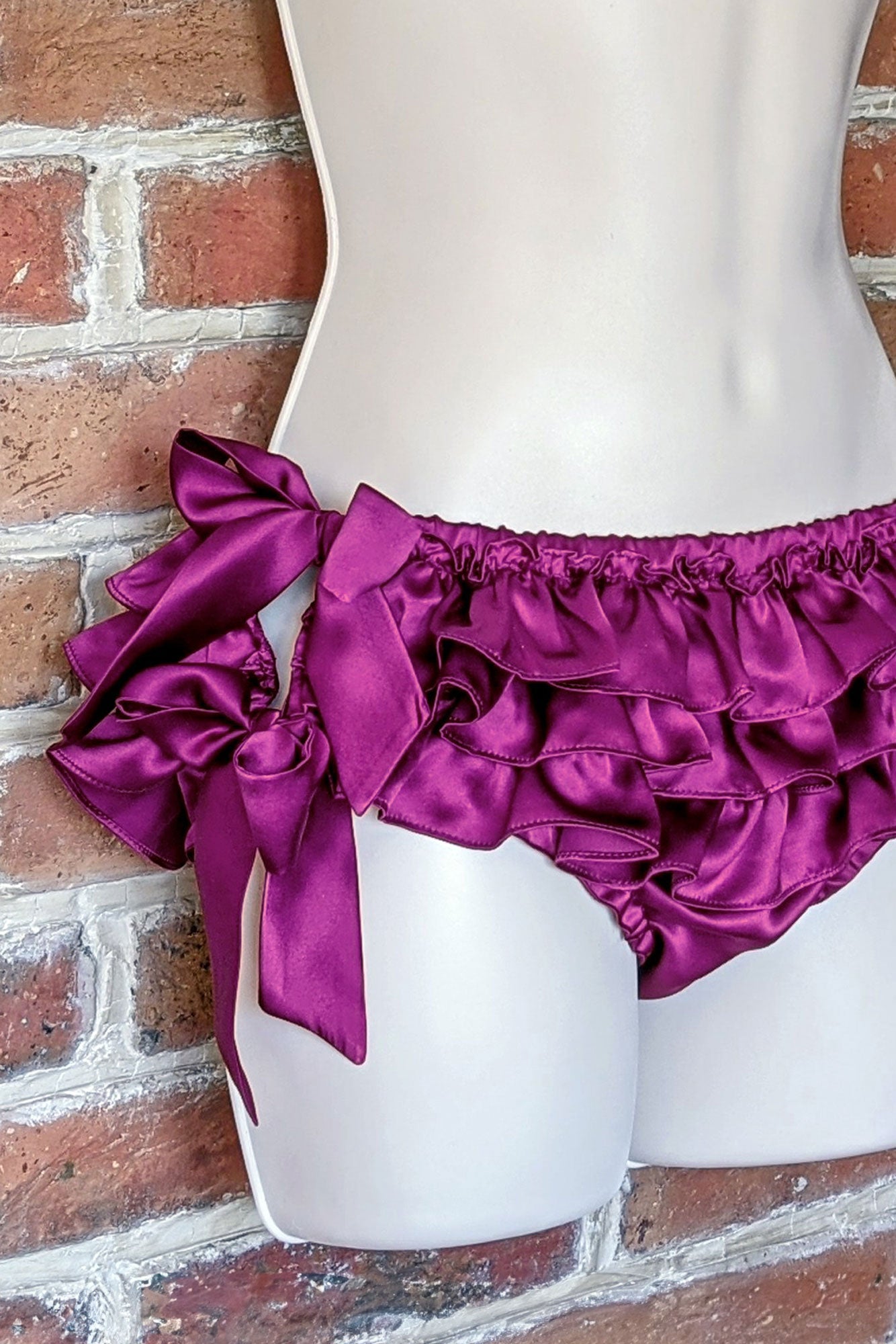 Fuchsia ruffle knickers in 100% silk satin with magenta silk tied bows