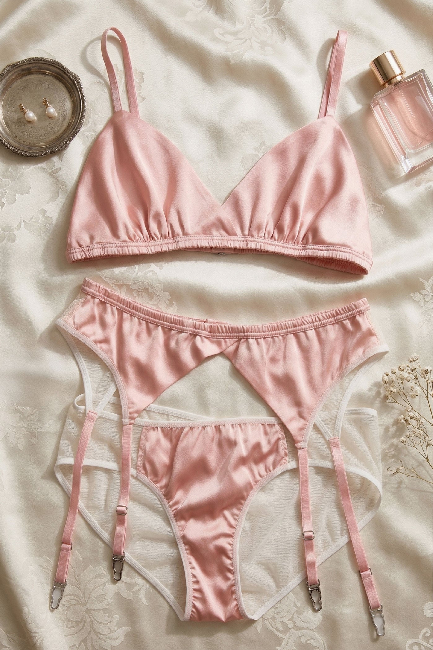 Pink Louisa bralette and panties set, handmade in 100% silk satin with white mesh trims