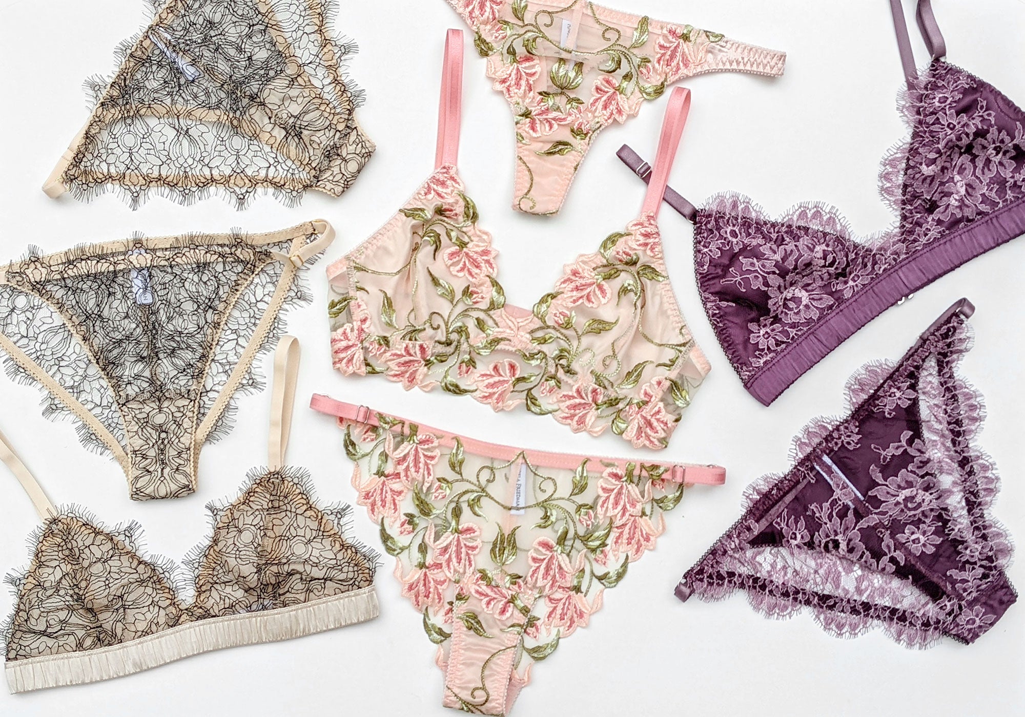 luxury lingerie sets in pink embroidery, real silk, and french lace