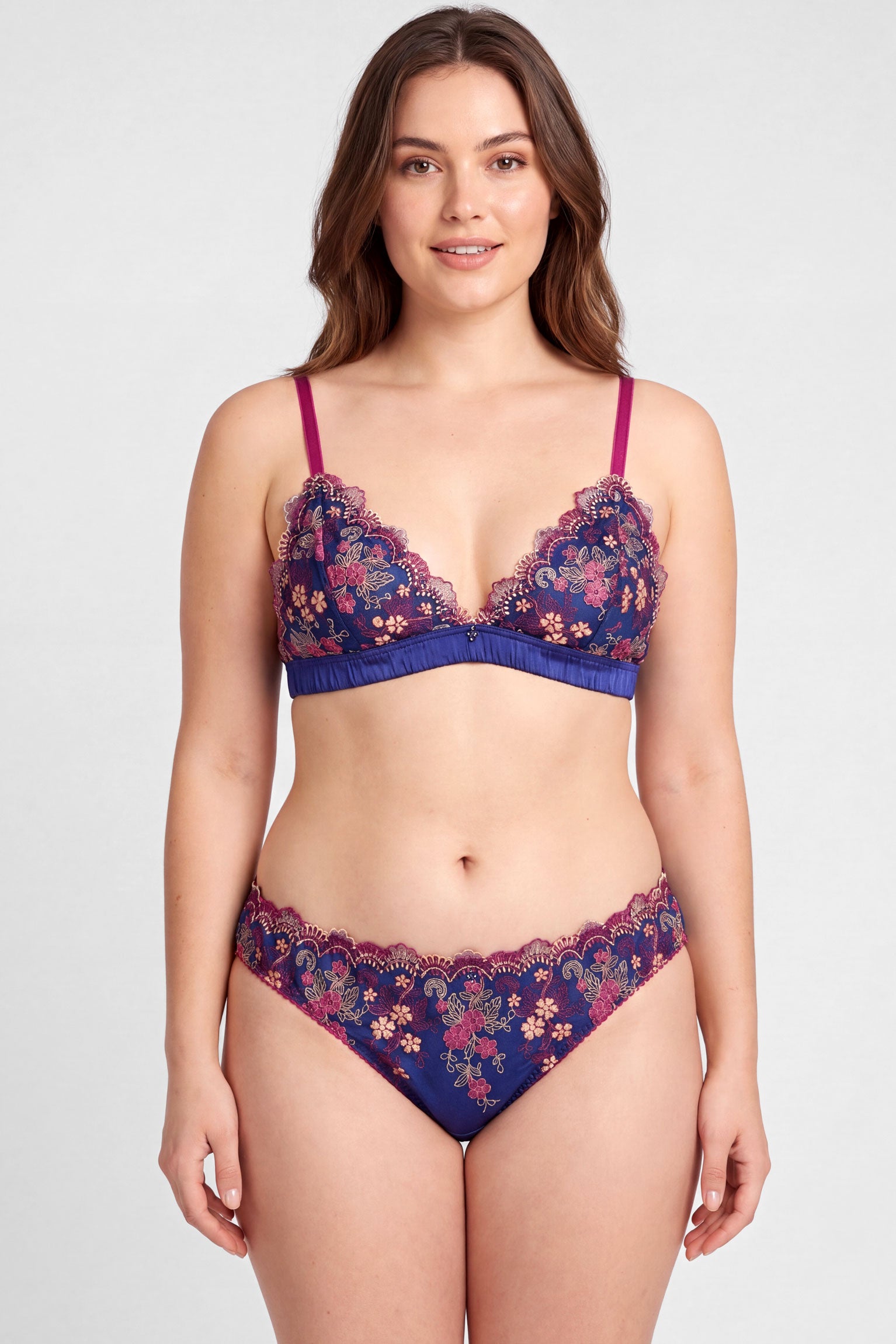 Blue silk bra and panties set with pink floral embroidery and silk satin linings