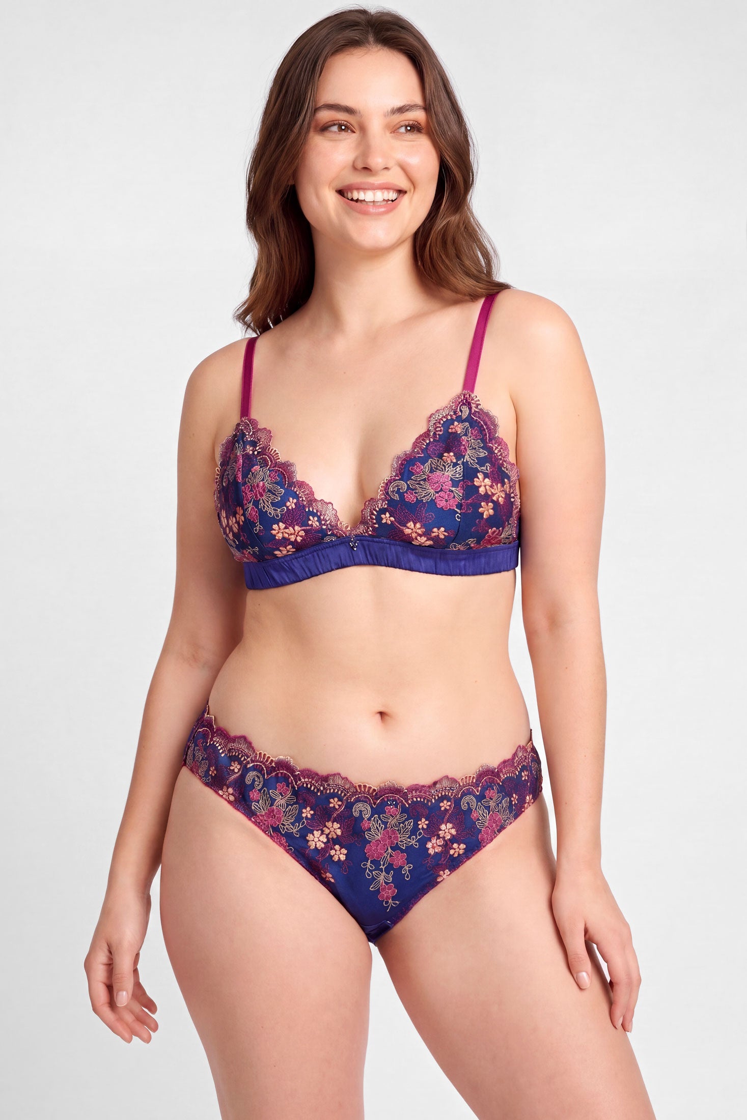 Fancy bra and panty set in navy blue silk satin with pink lace and magenta satin straps