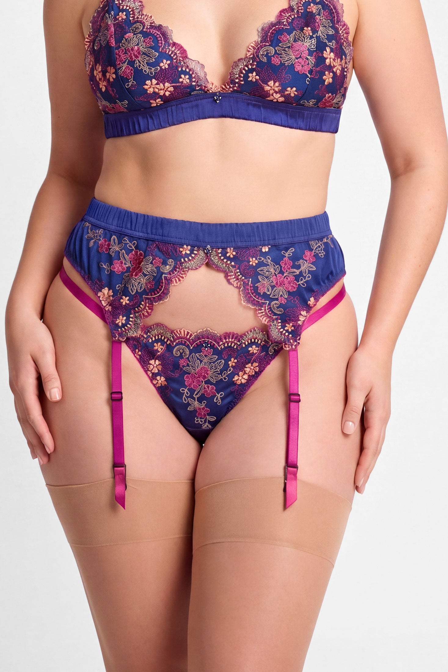 Marina suspender belt in blue silk with floral embroidered lace overlays and 4 pink elastic straps