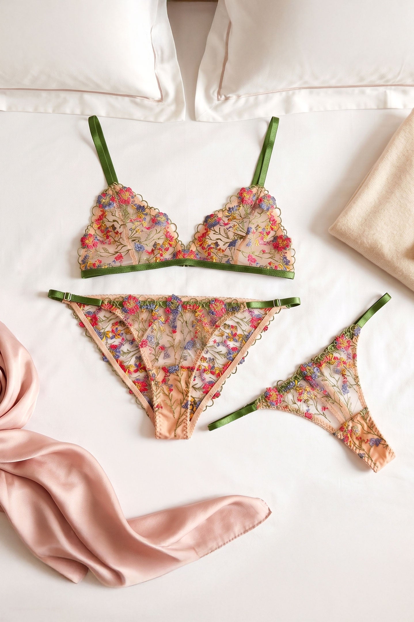 Vintage inspired lingerie set including a wirefree bralette, adjustable side strap panties, and embroidered thong knickers