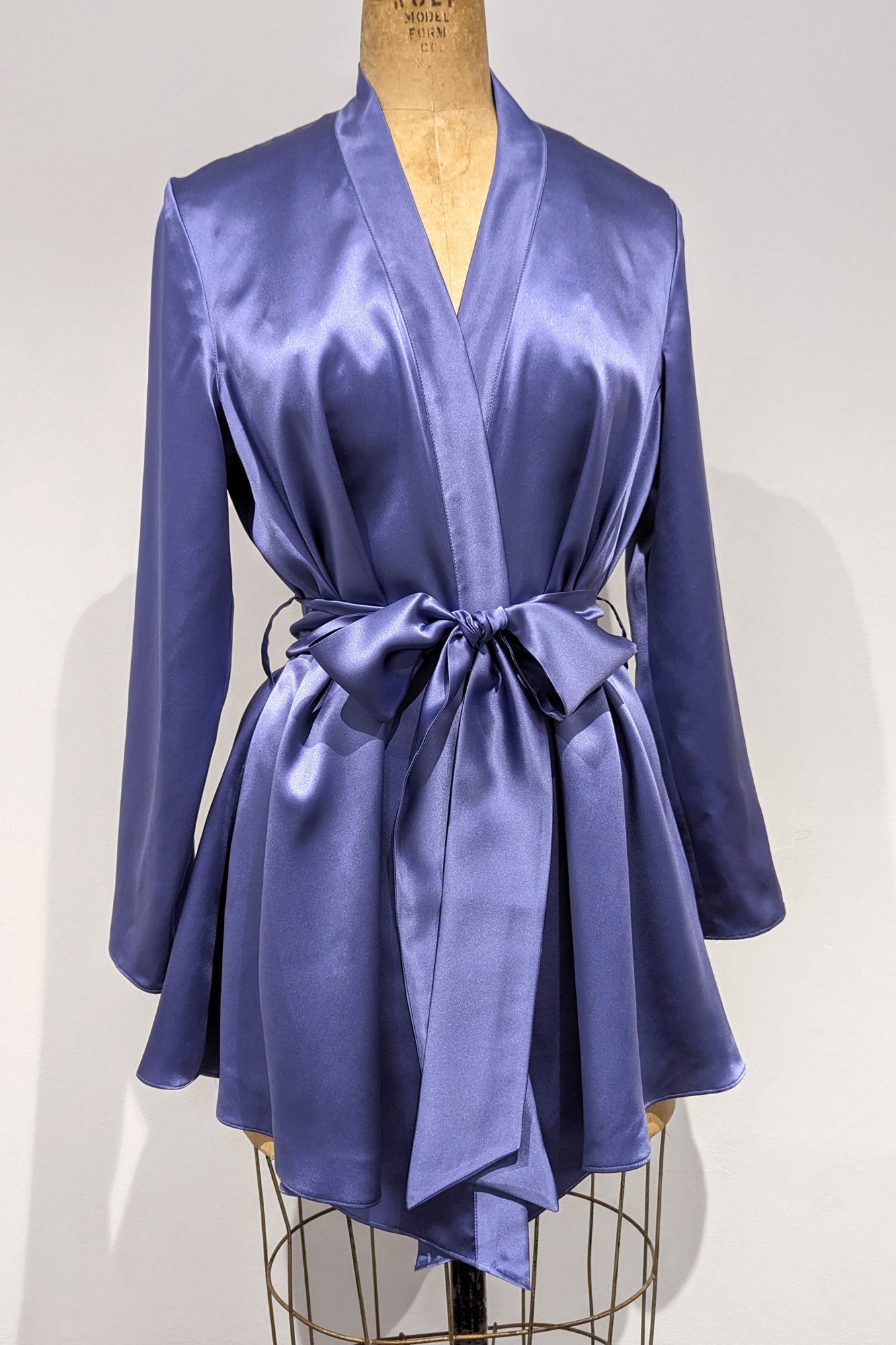 Kimono style silk robe in periwinkle blue with a large satin bow