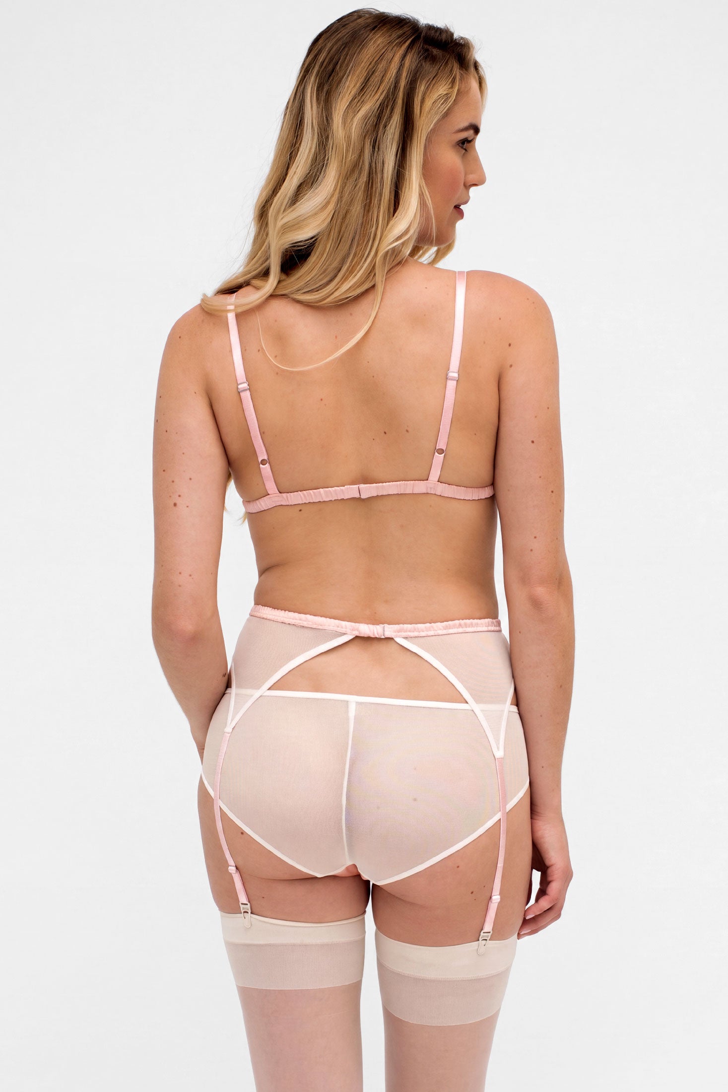 Bridal sheer bralette and lingerie set, made of pink silk and white mesh